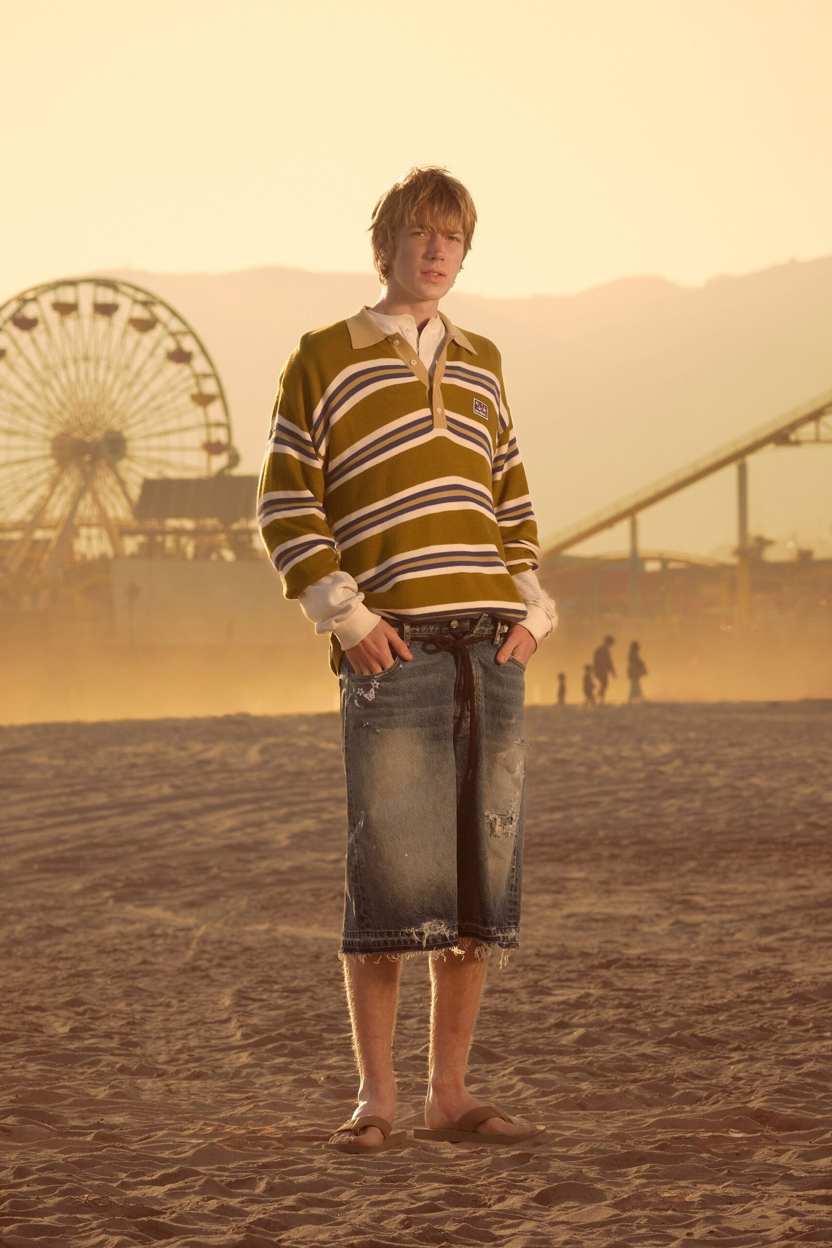 green striped shirt with denim shorts