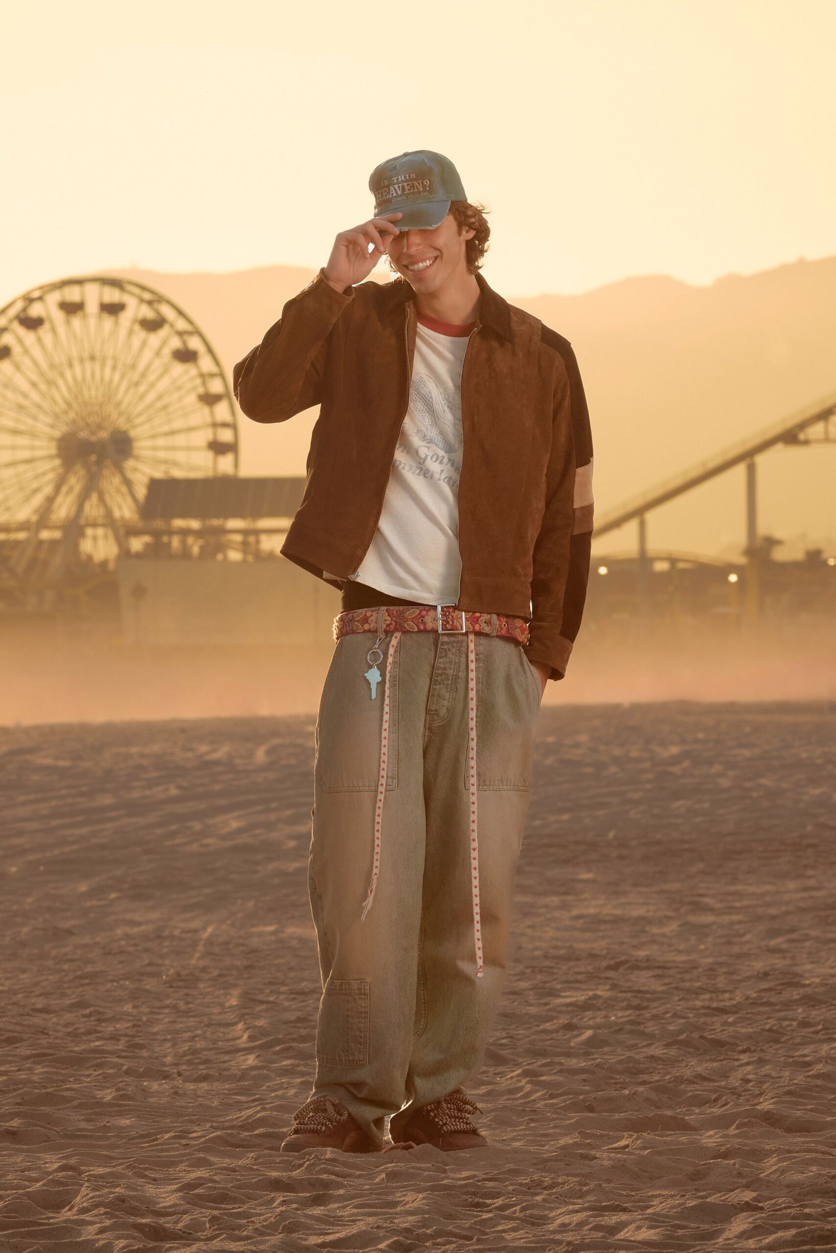 brown suede jacket with gray pants