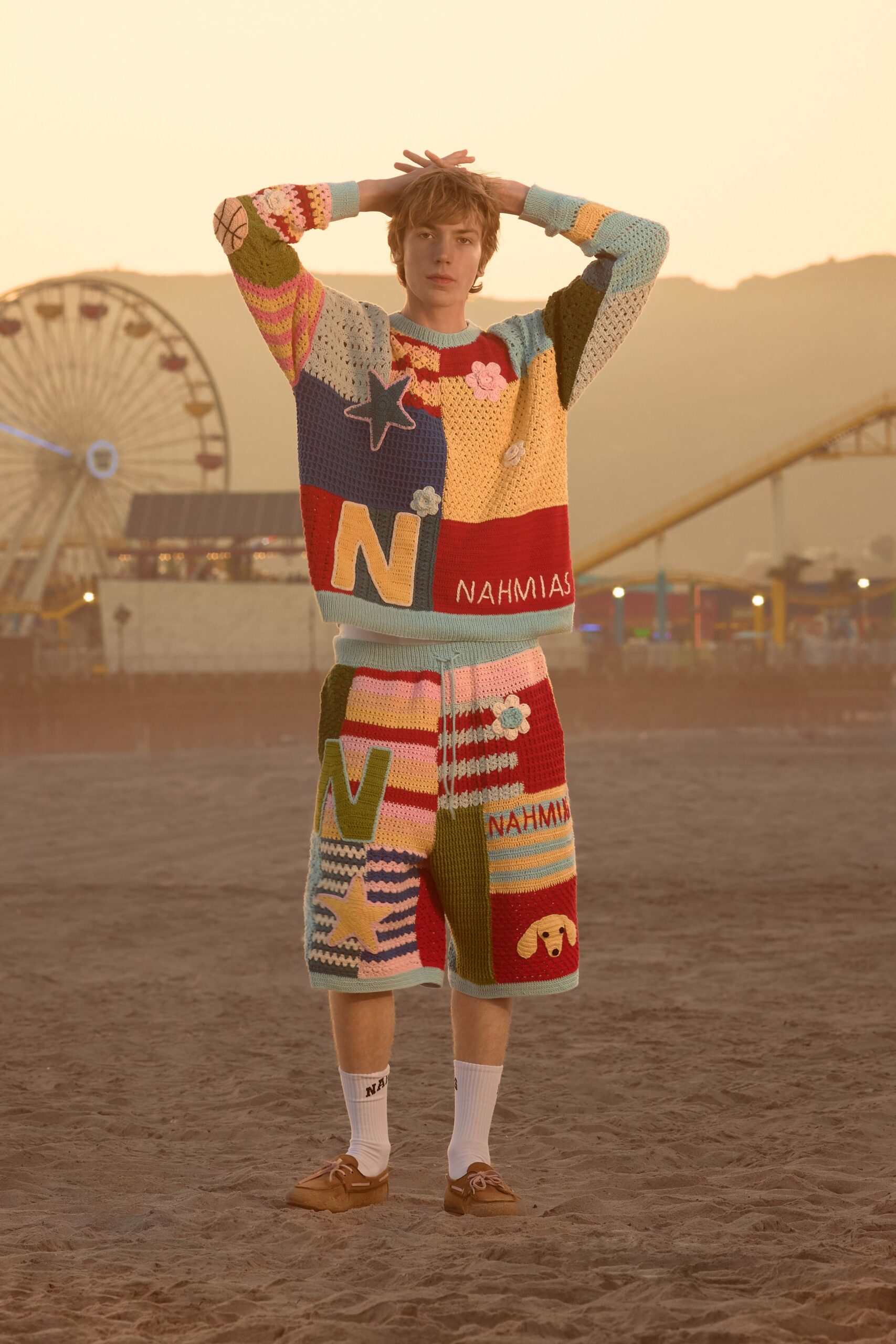 multi-colored relaxed sweater and shorts