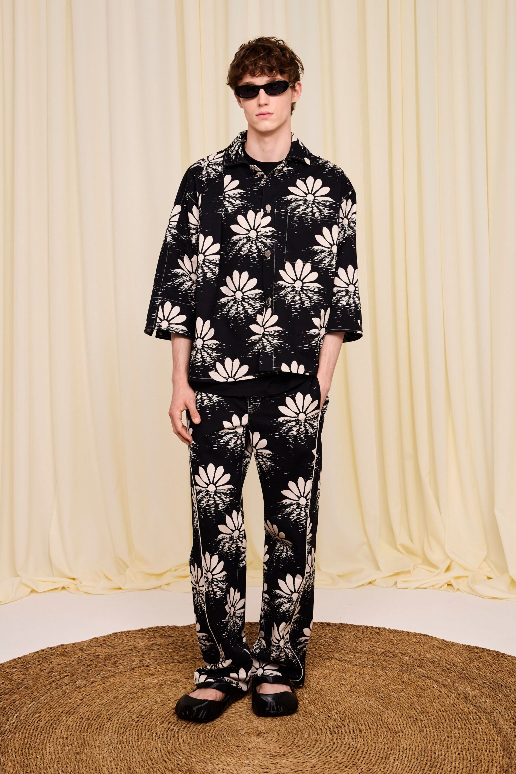 black and white printed shirt and pants