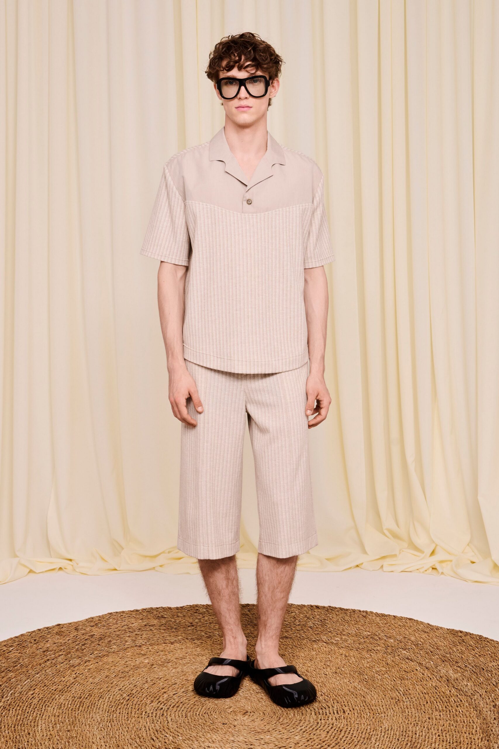 beige striped shirt and shorts
