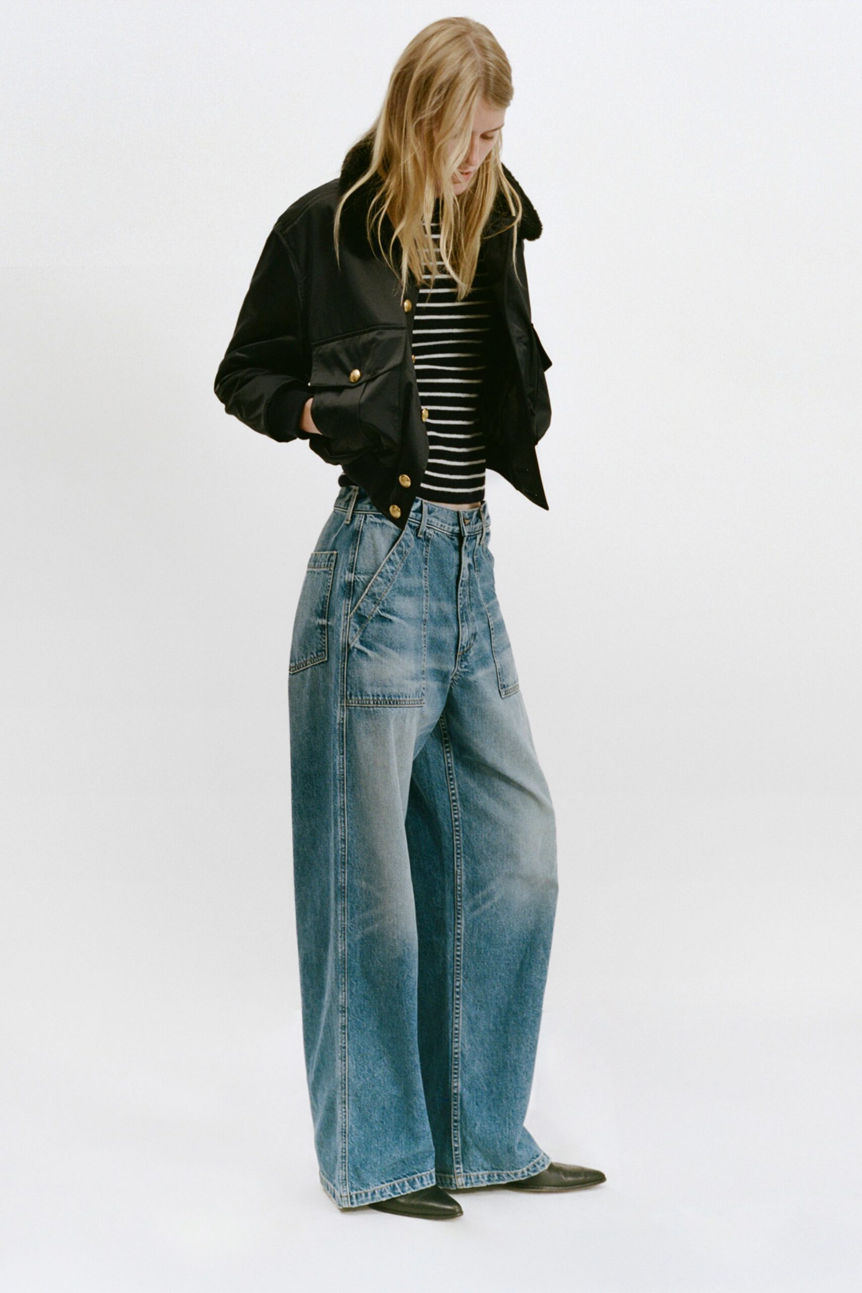 black cotton long-sleeve collared relaxed buttoned pockets jacket