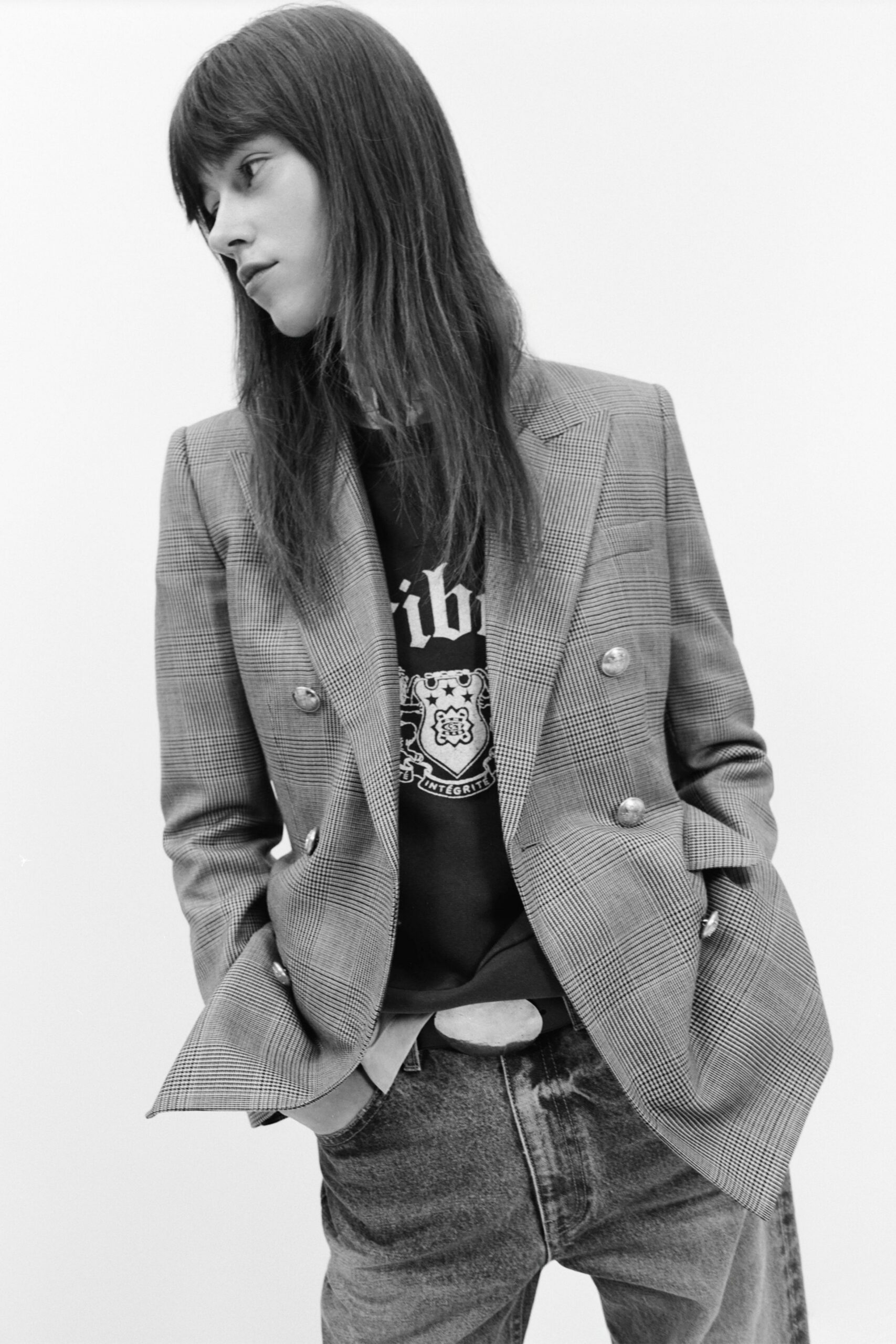 gray cotton long-sleeve collared tailored checked blazer