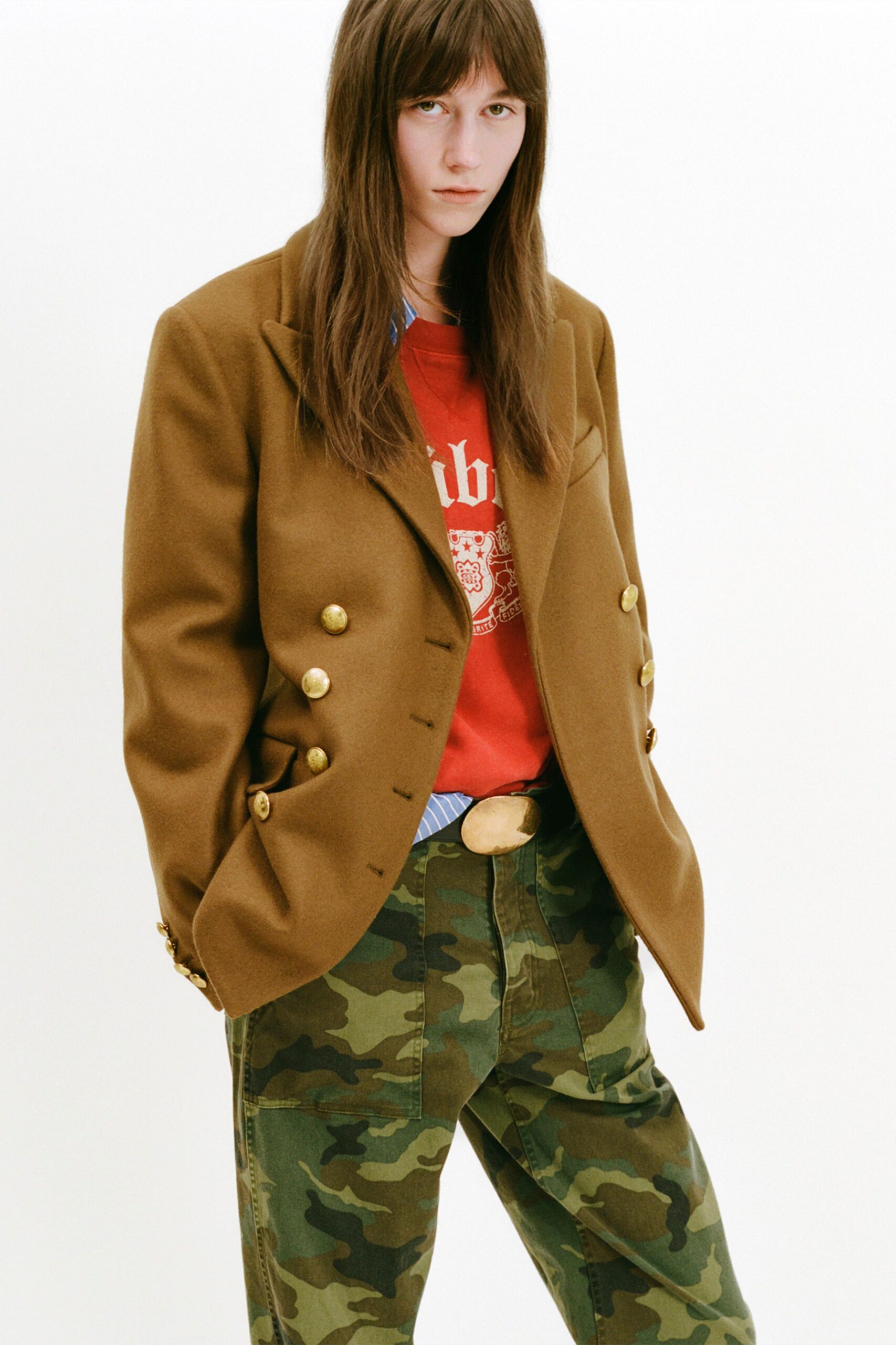 red cotton long-sleeve collared relaxed sweater