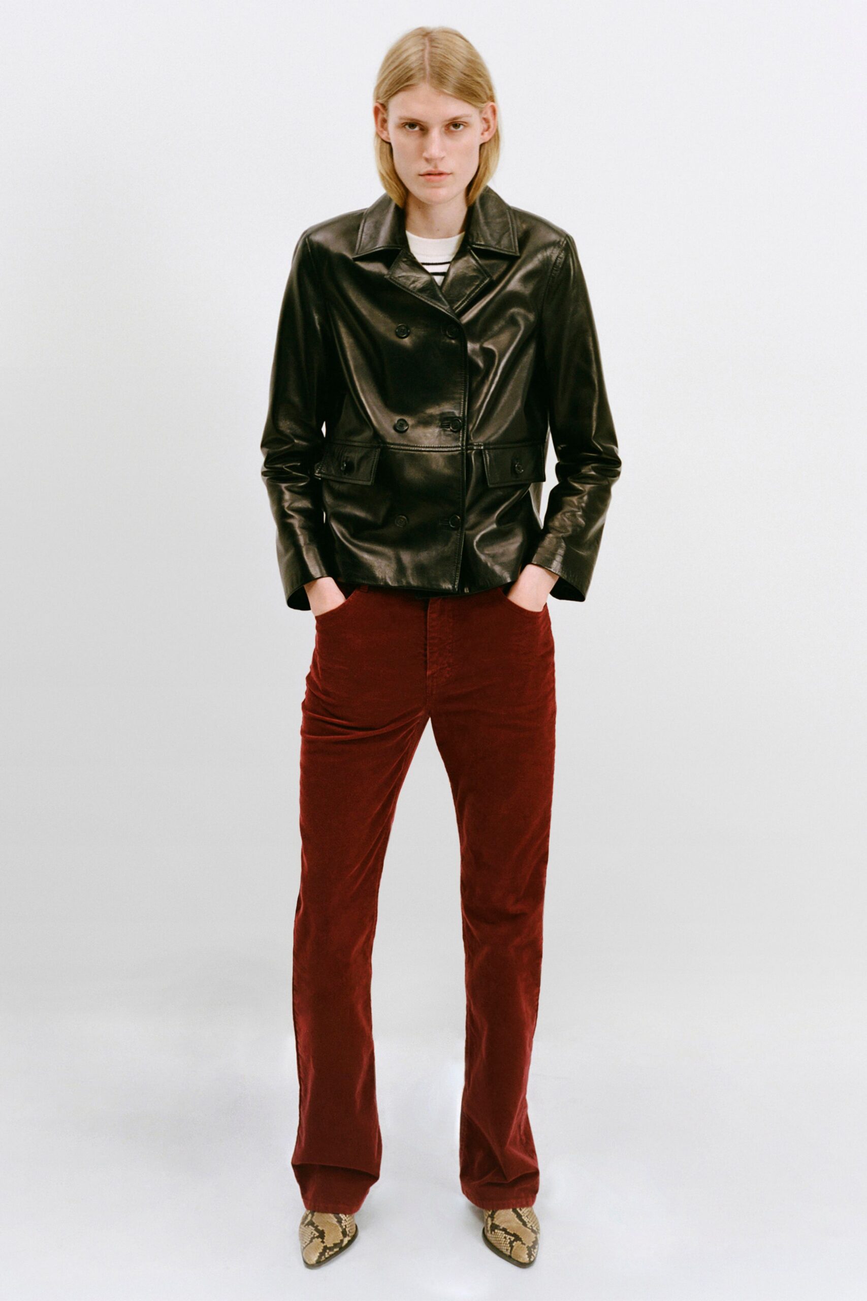 red cotton fitted straight-leg pants