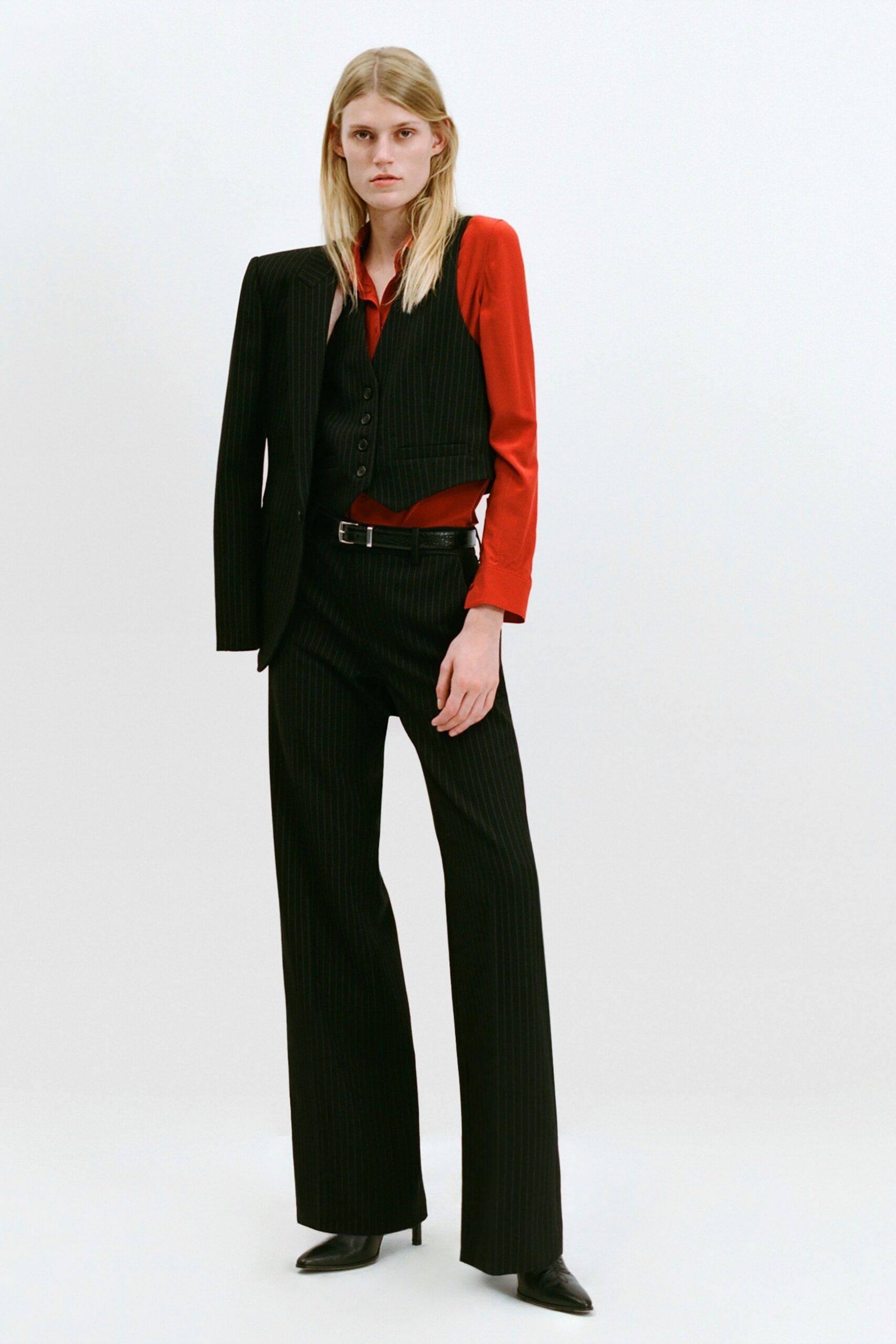 black wool tailored straight-leg pants