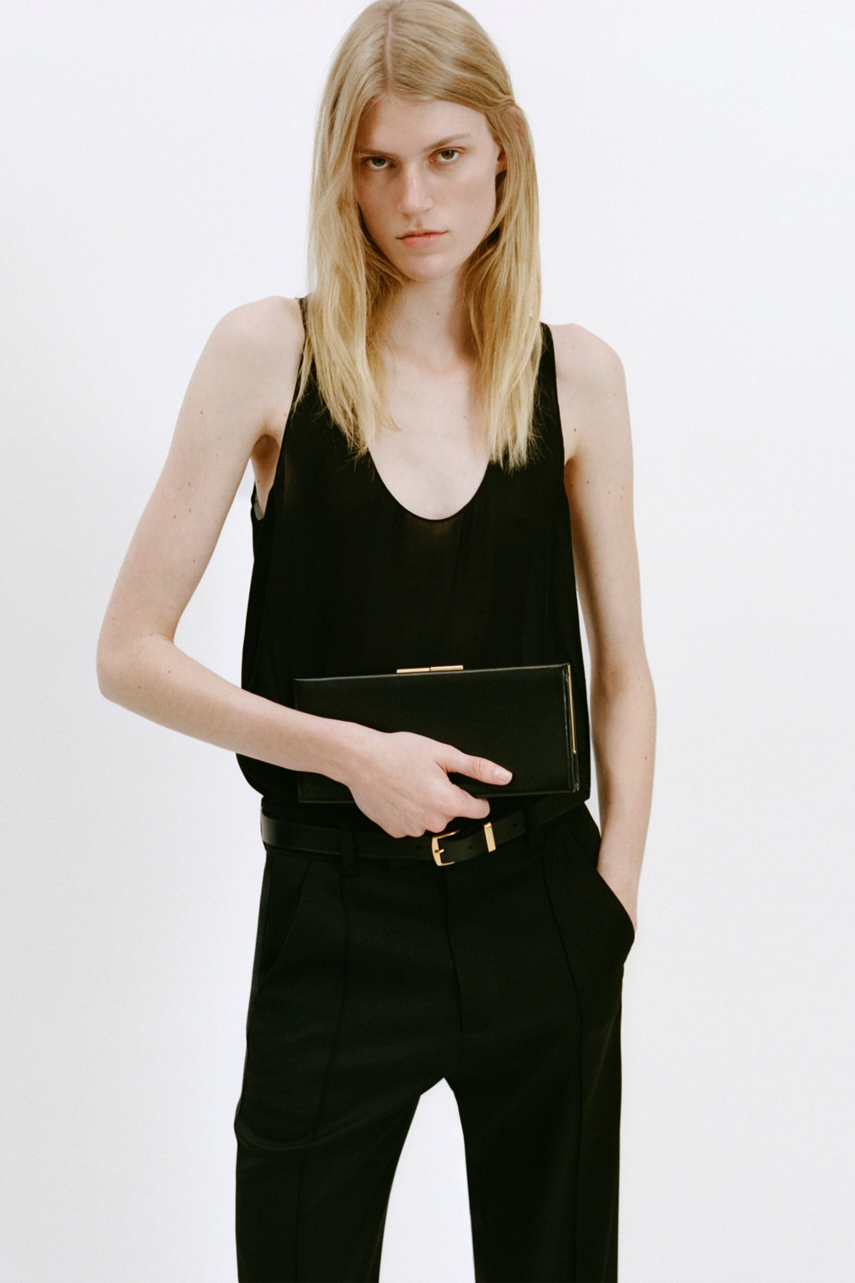 black cotton fitted straight-leg pants