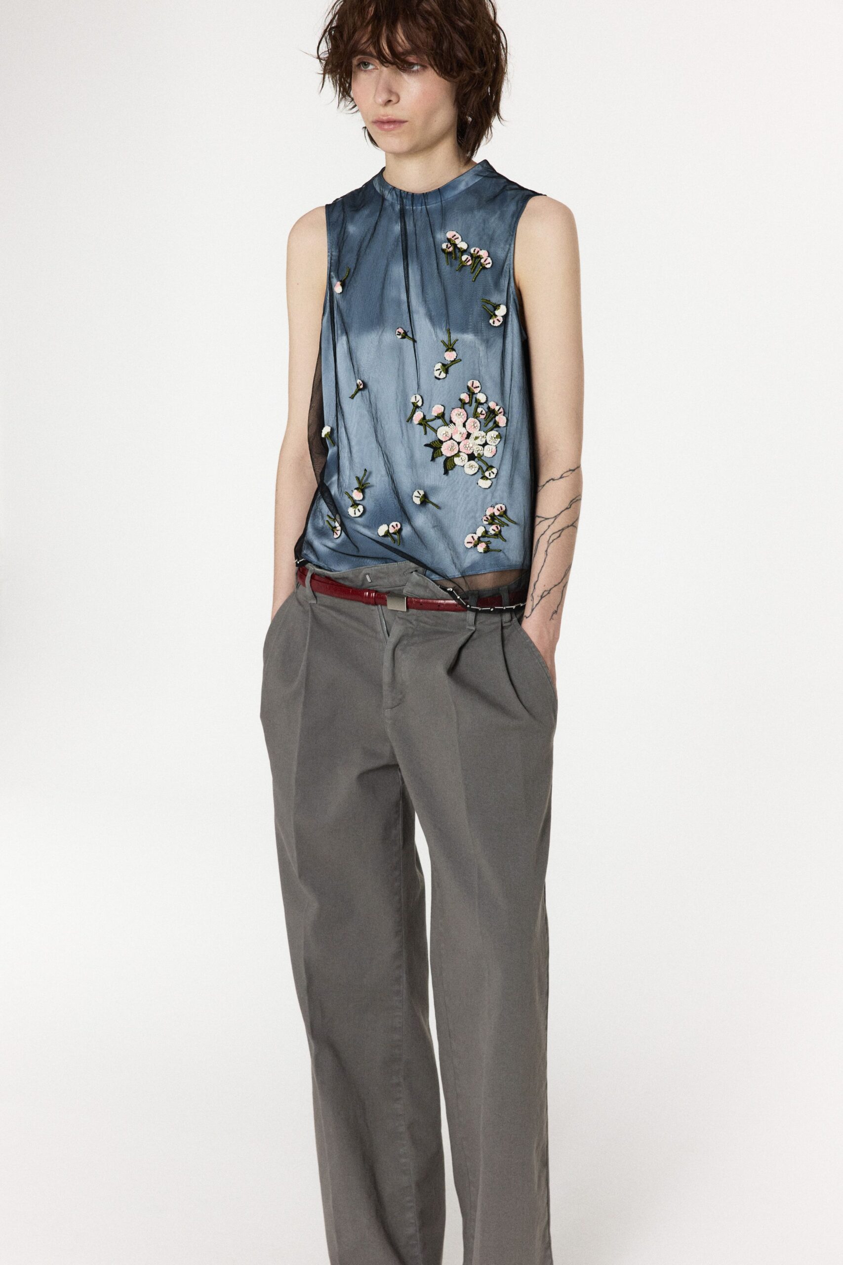 blue silk sleeveless high-neck relaxed embroidered top