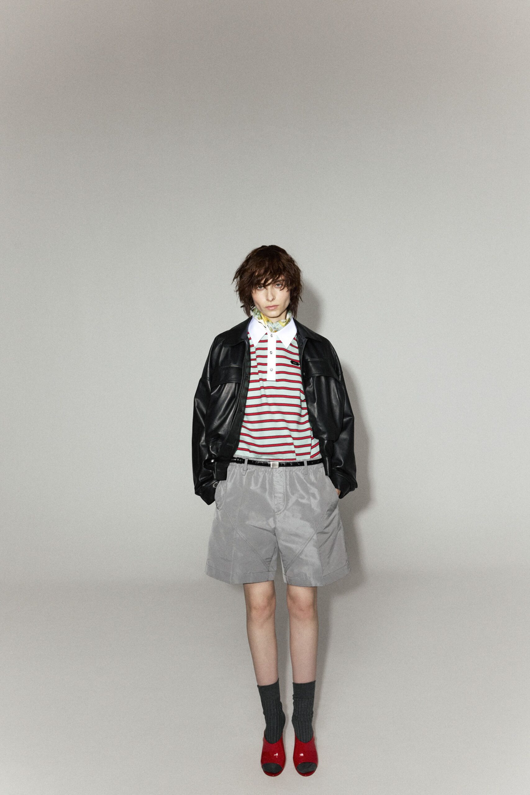 black leather jacket with striped shirt