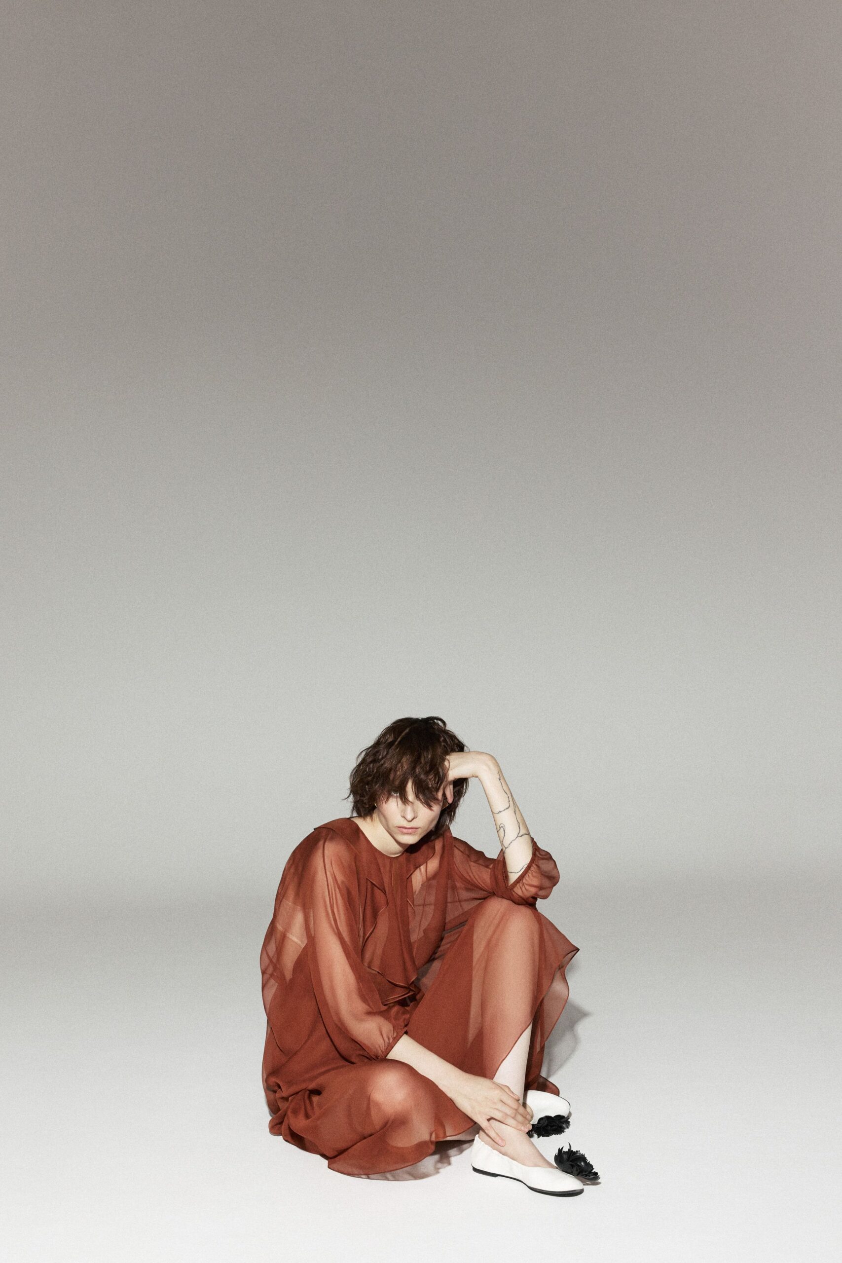 brown silk long-sleeve v-neck relaxed sheer flowing dress