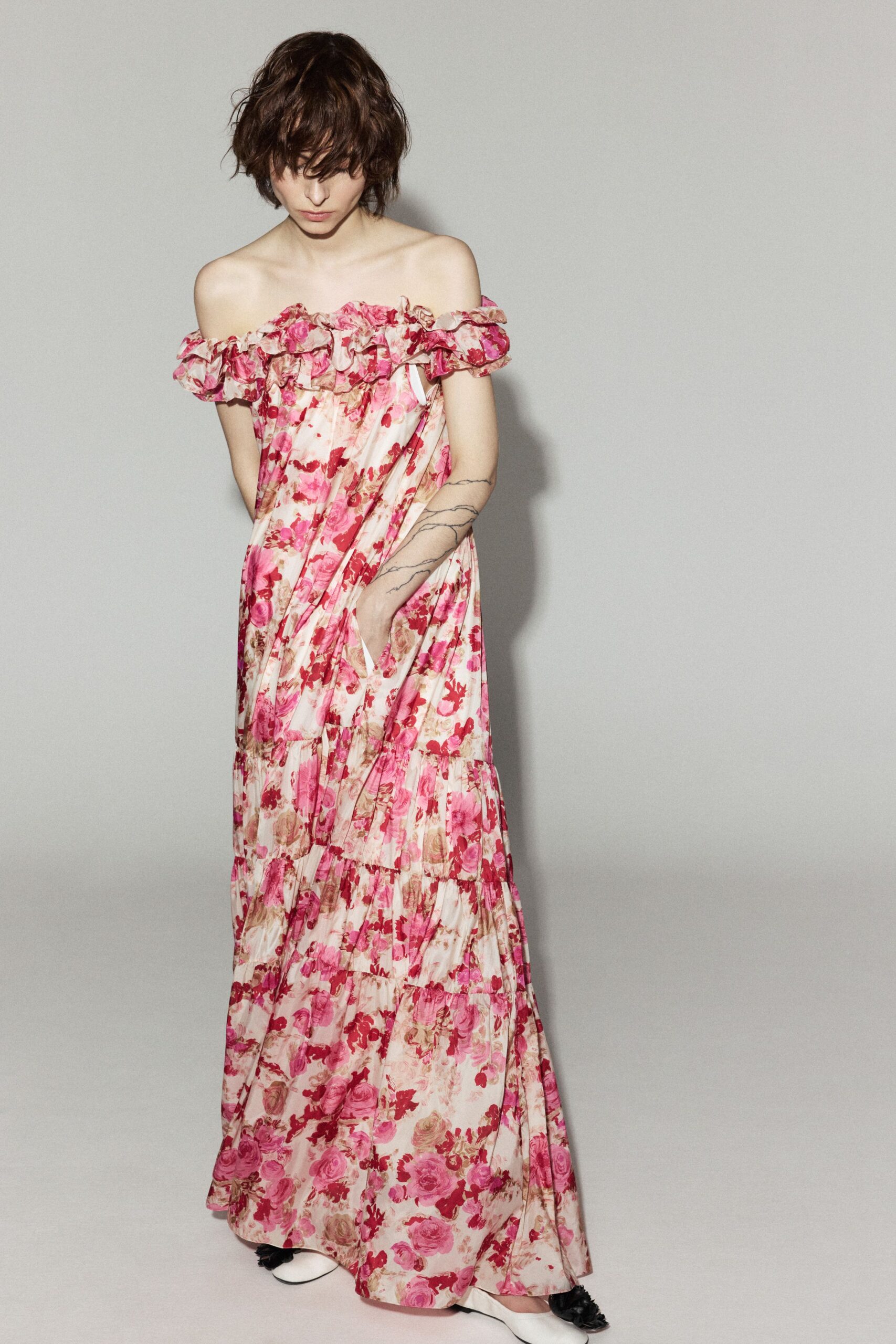 pink cotton off-shoulder relaxed floral tiered flowing gown