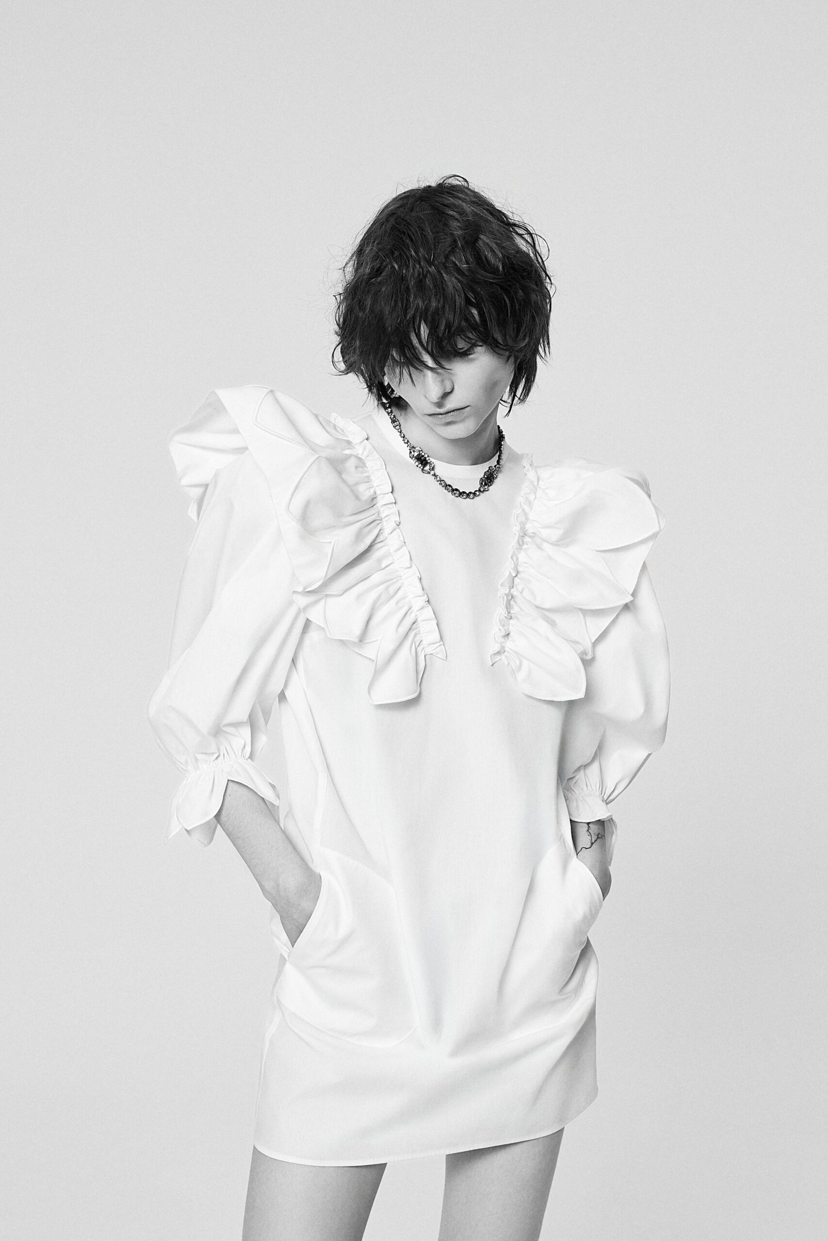 white silk ruffled mini dress