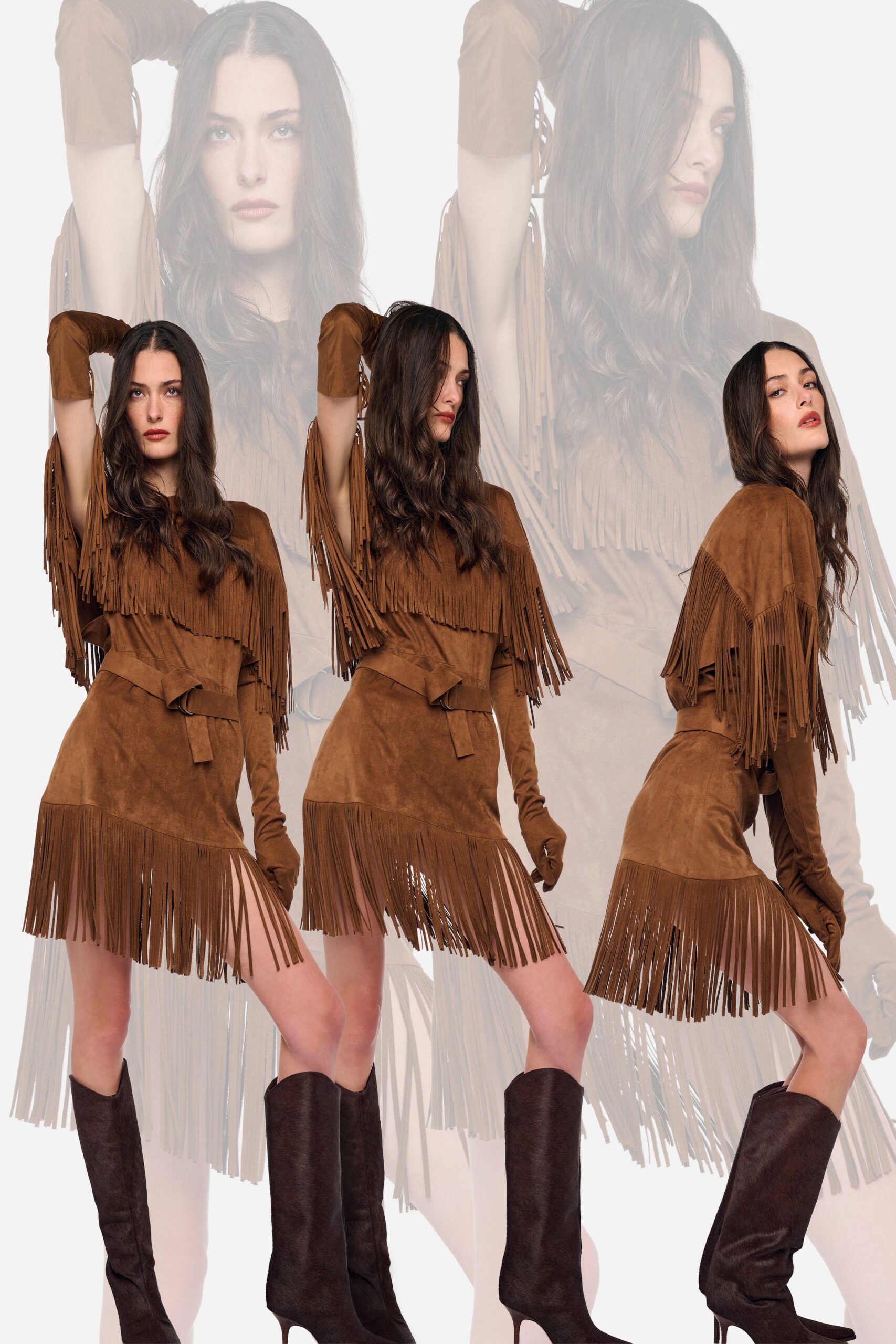 brown suede long-sleeve off-shoulder fitted fringed belted dress