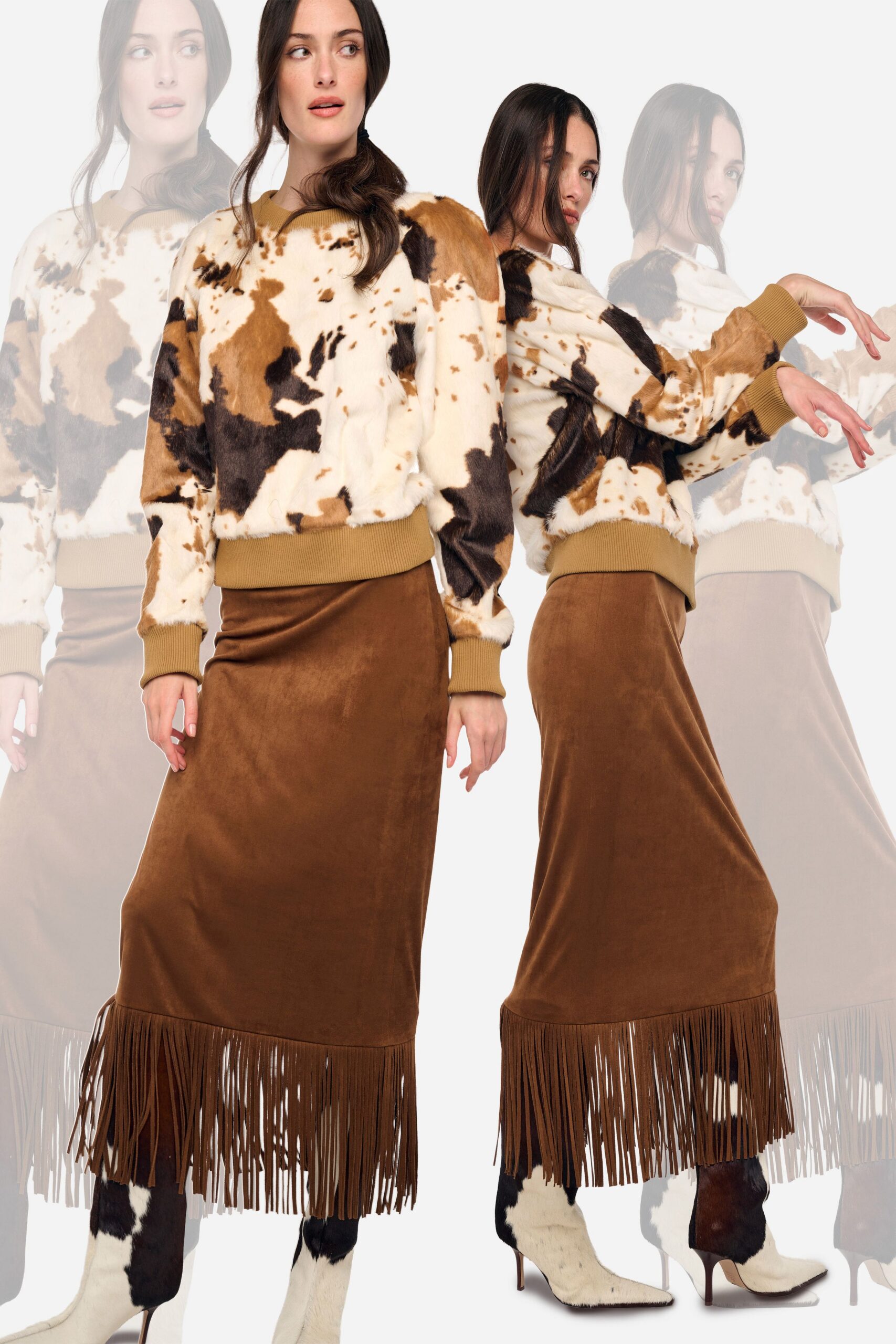 brown velvet fitted fringed midi skirt