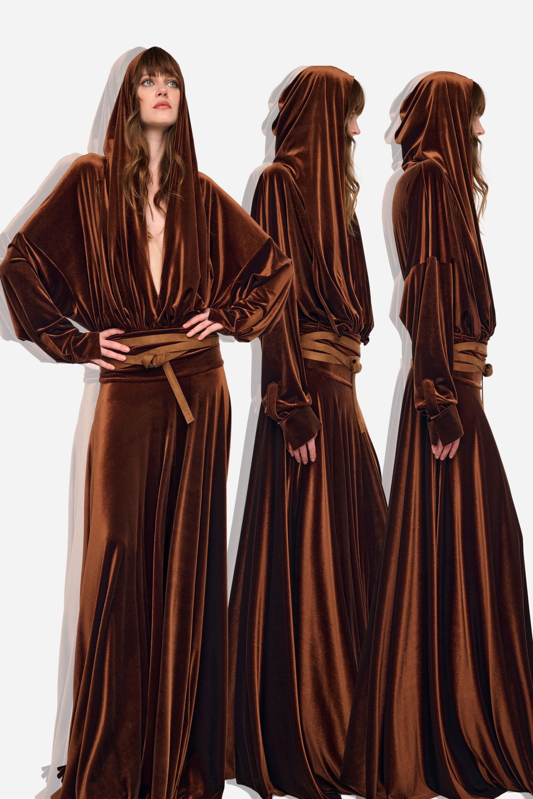 brown velvet hooded gown