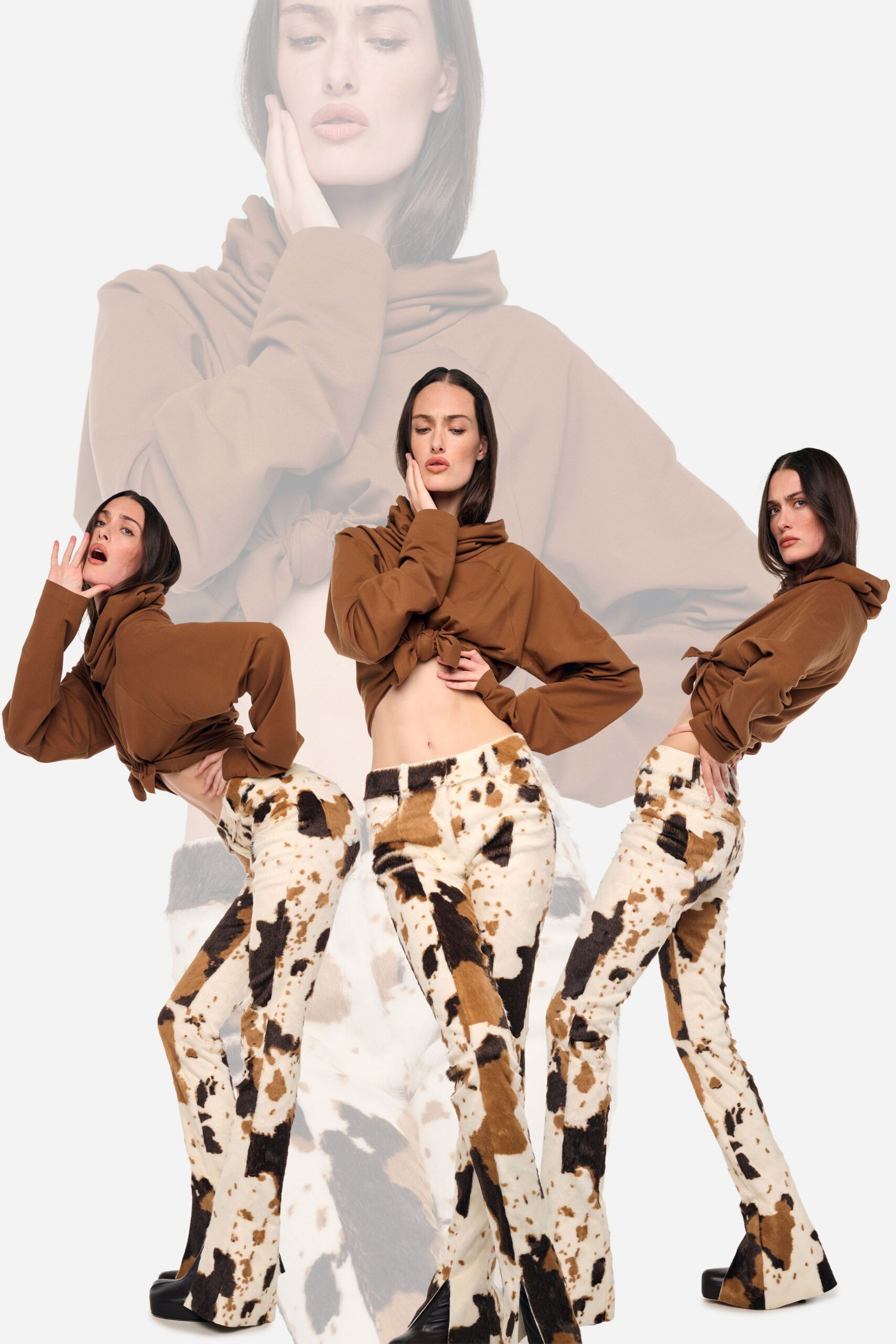 brown cotton long-sleeve hooded fitted cropped hoodie