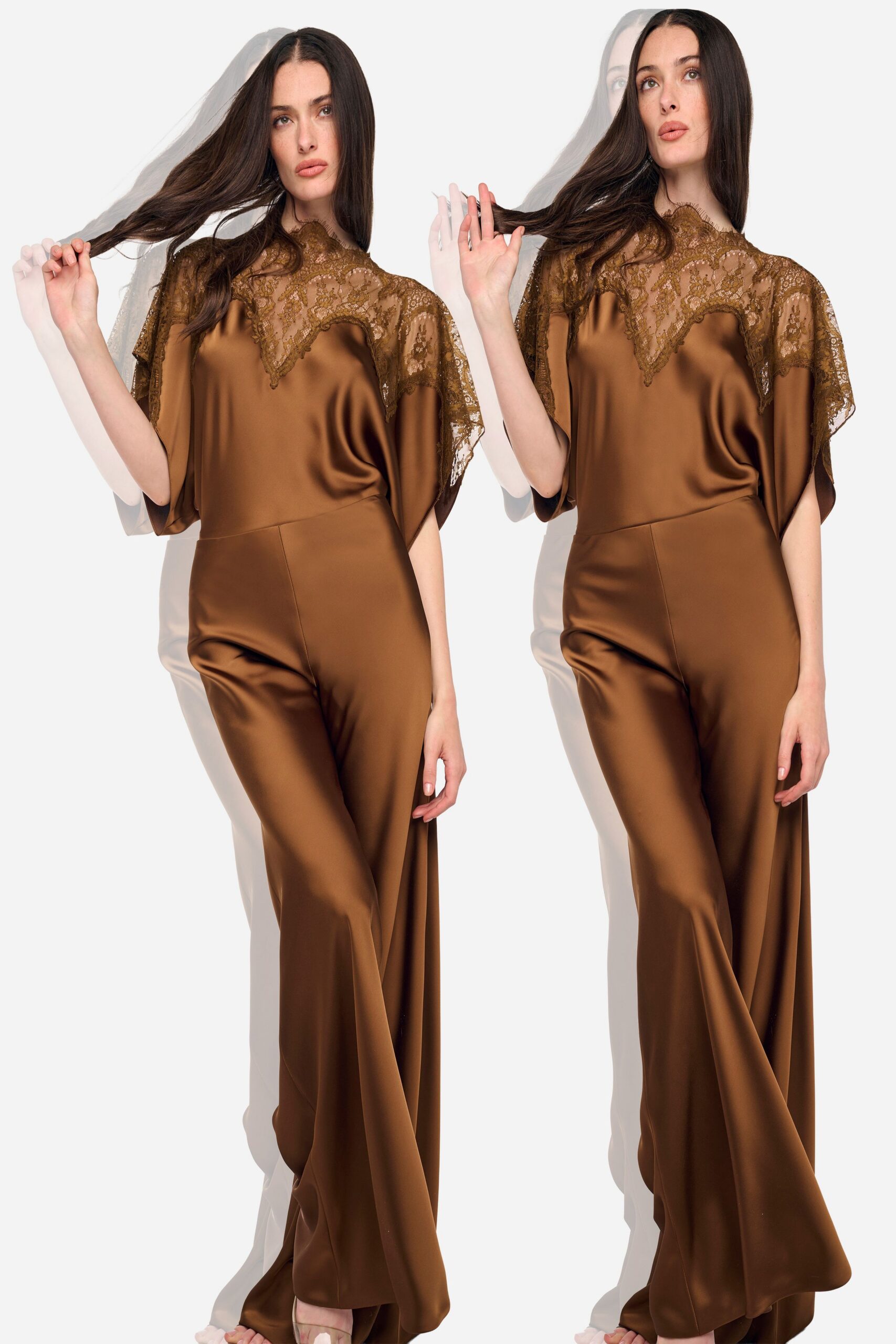 brown satin flared jumpsuit