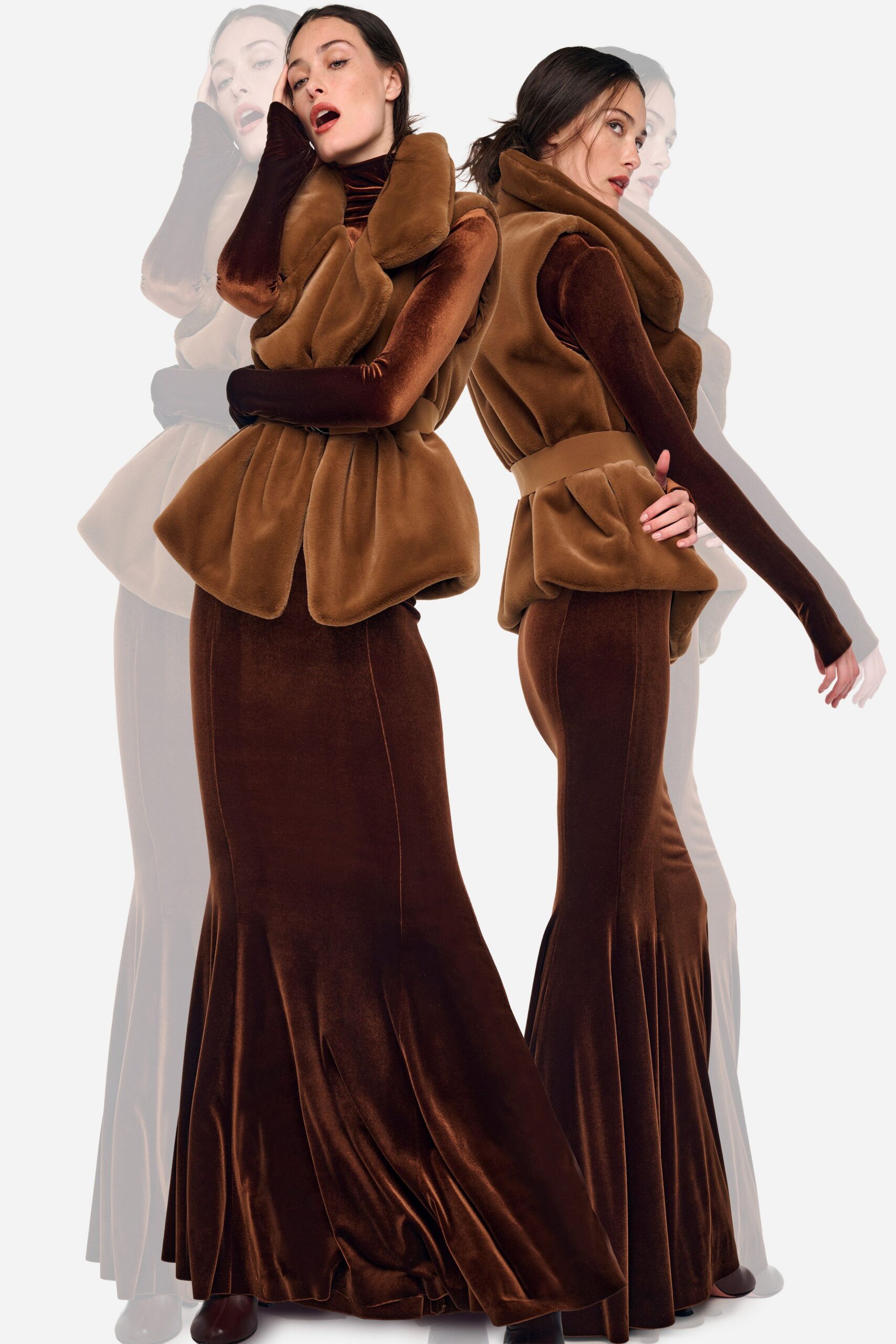 brown velvet long-sleeve high-neck fitted flared maxi gown