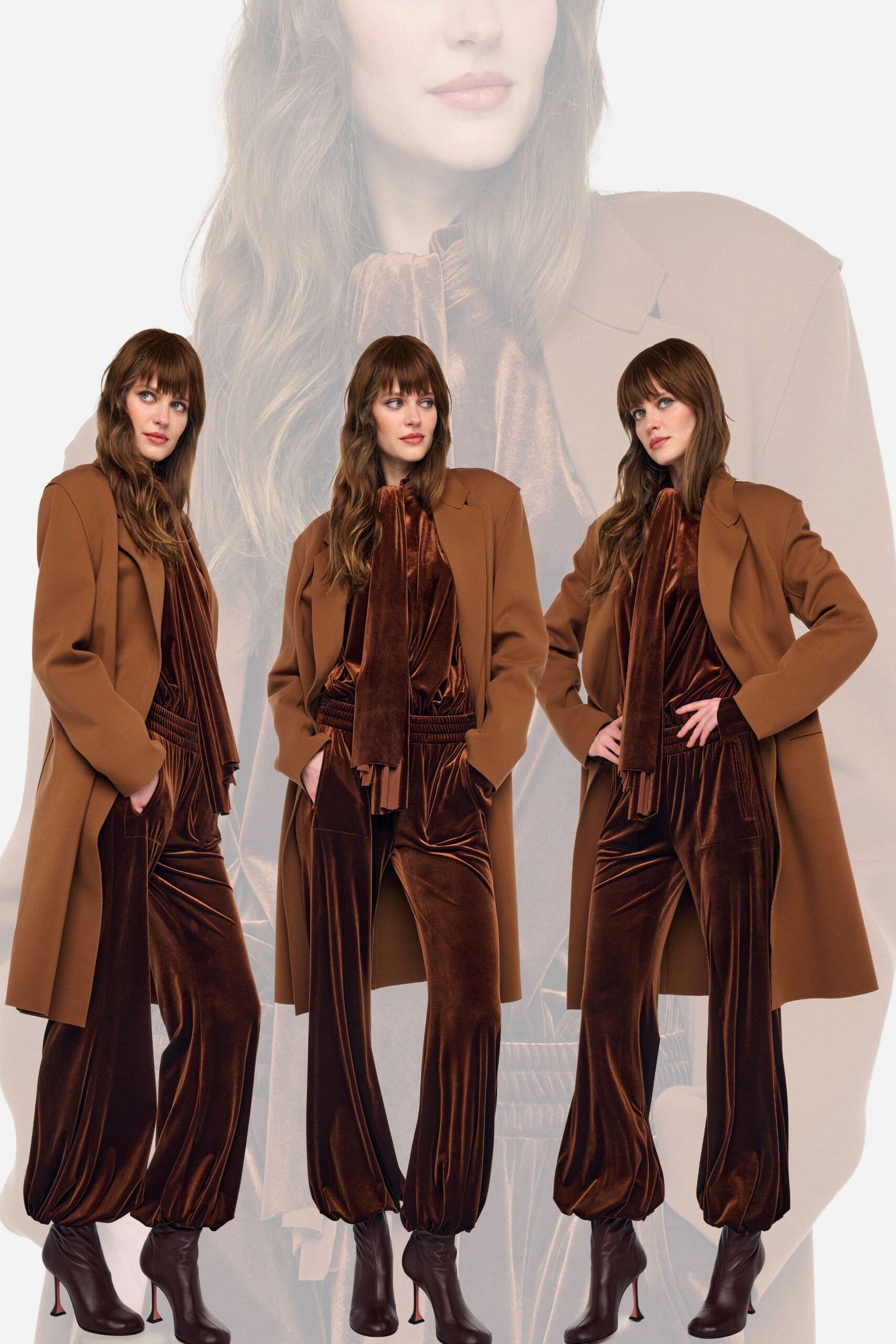 brown velvet long-sleeve high-neck fitted pleated jumpsuit