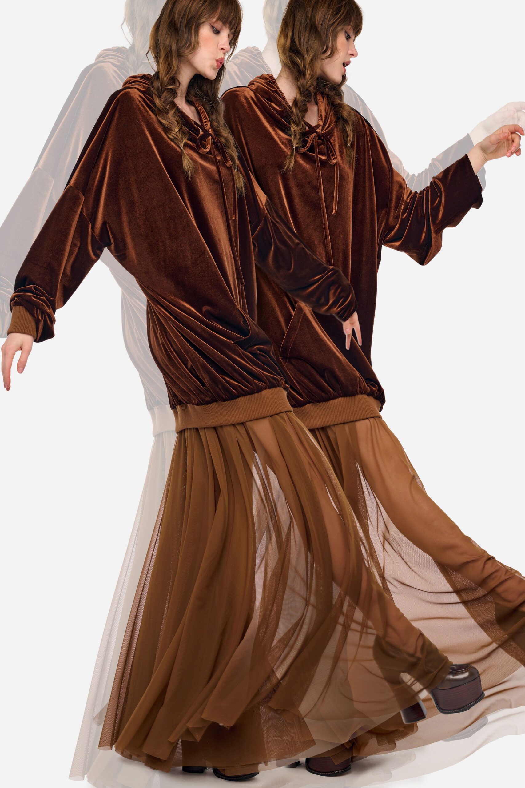 brown tulle fitted layered flared flowing skirt