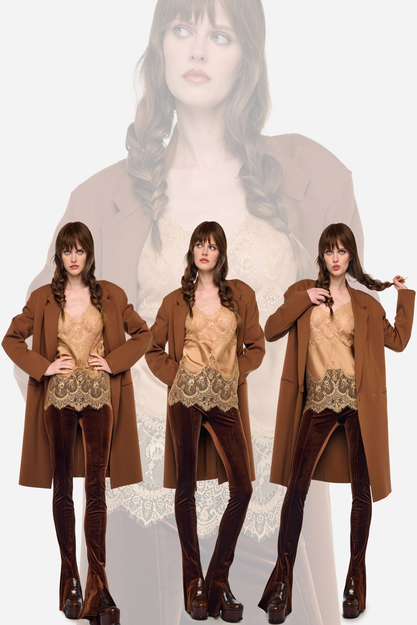 brown velvet fitted straight-leg pants