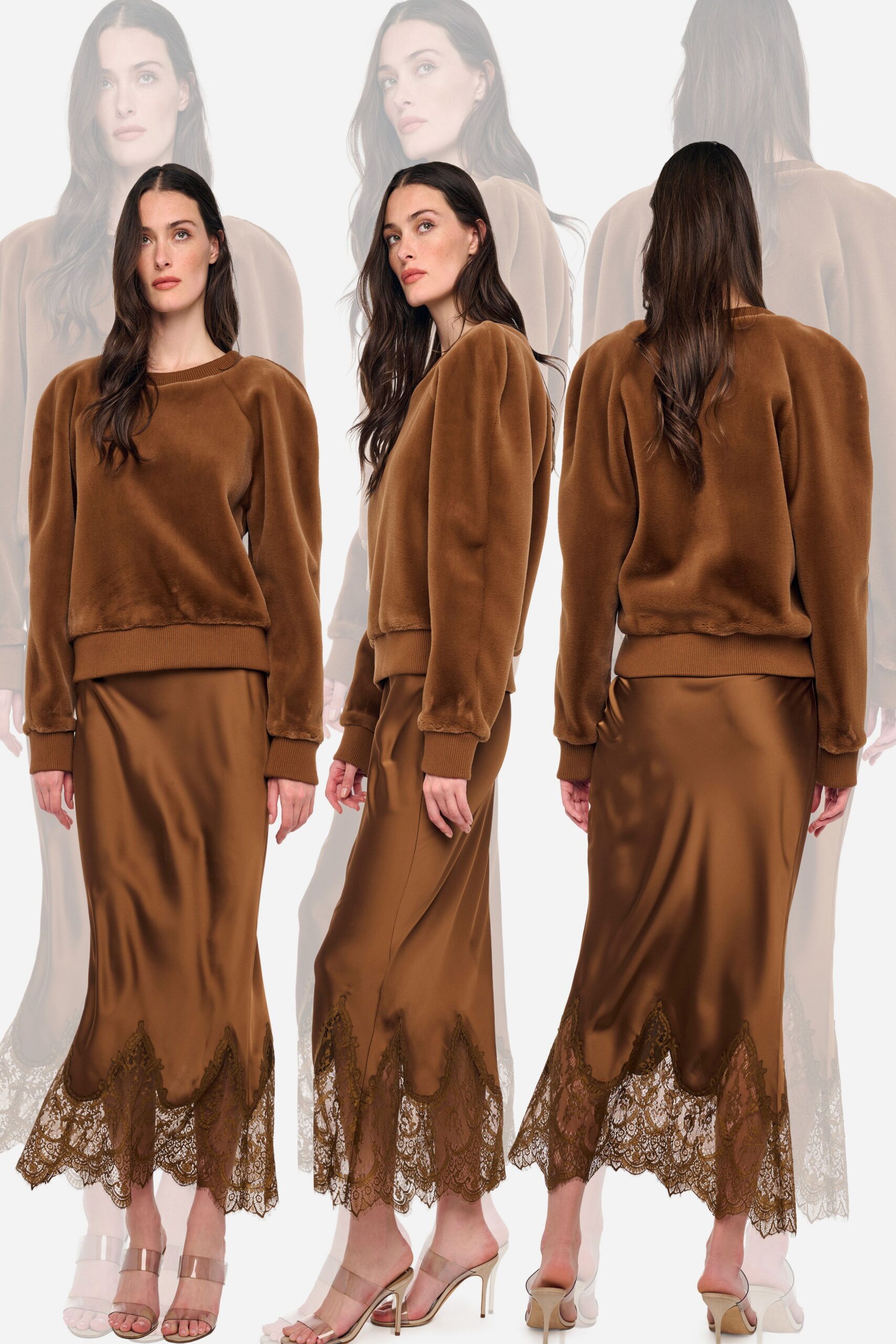 brown velvet sweater with lace skirt