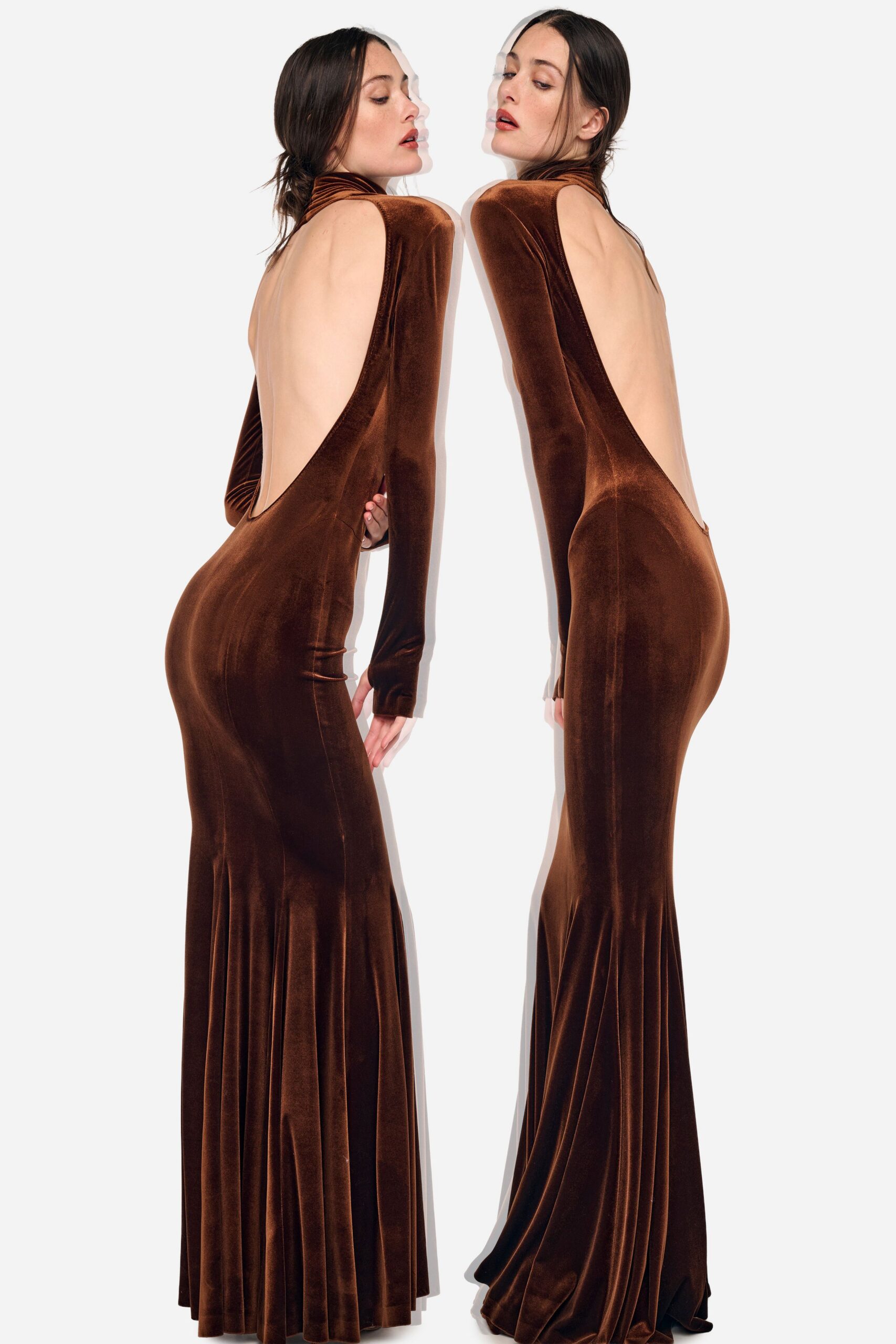 brown velvet fitted gown