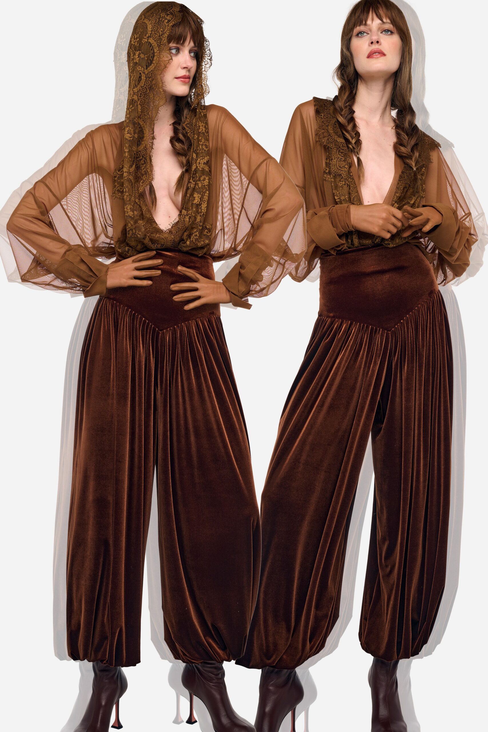 brown silk long-sleeve v-neck relaxed pleated draped top