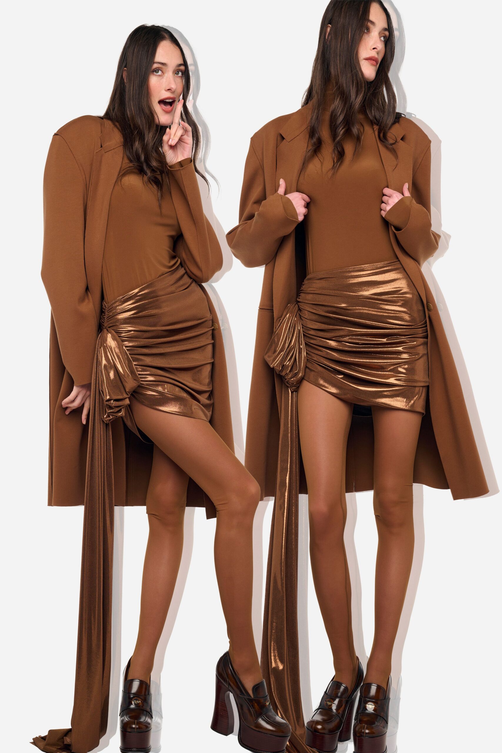 gold satin fitted ruched shiny mini skirt