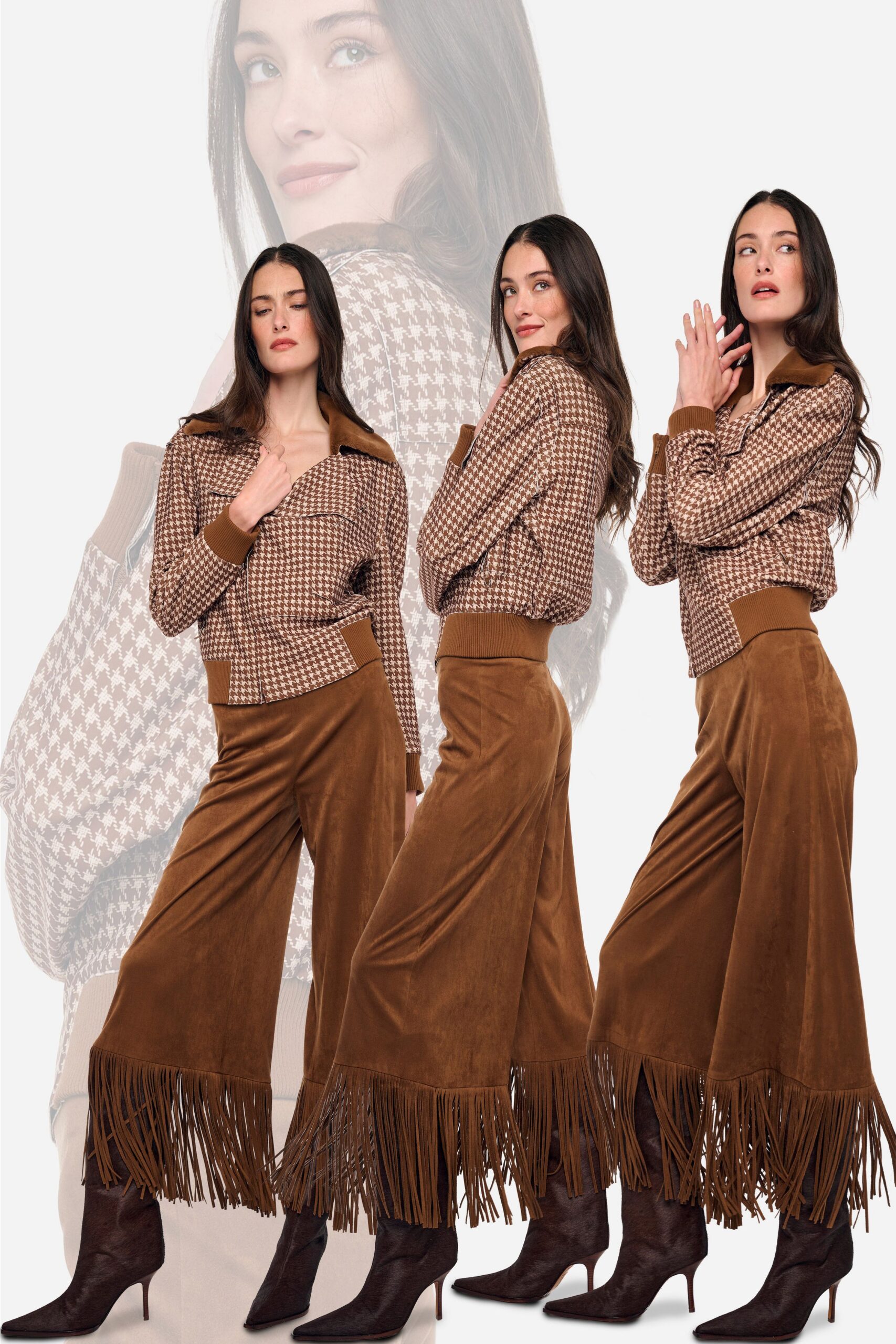 brown velvet relaxed flared fringed pants