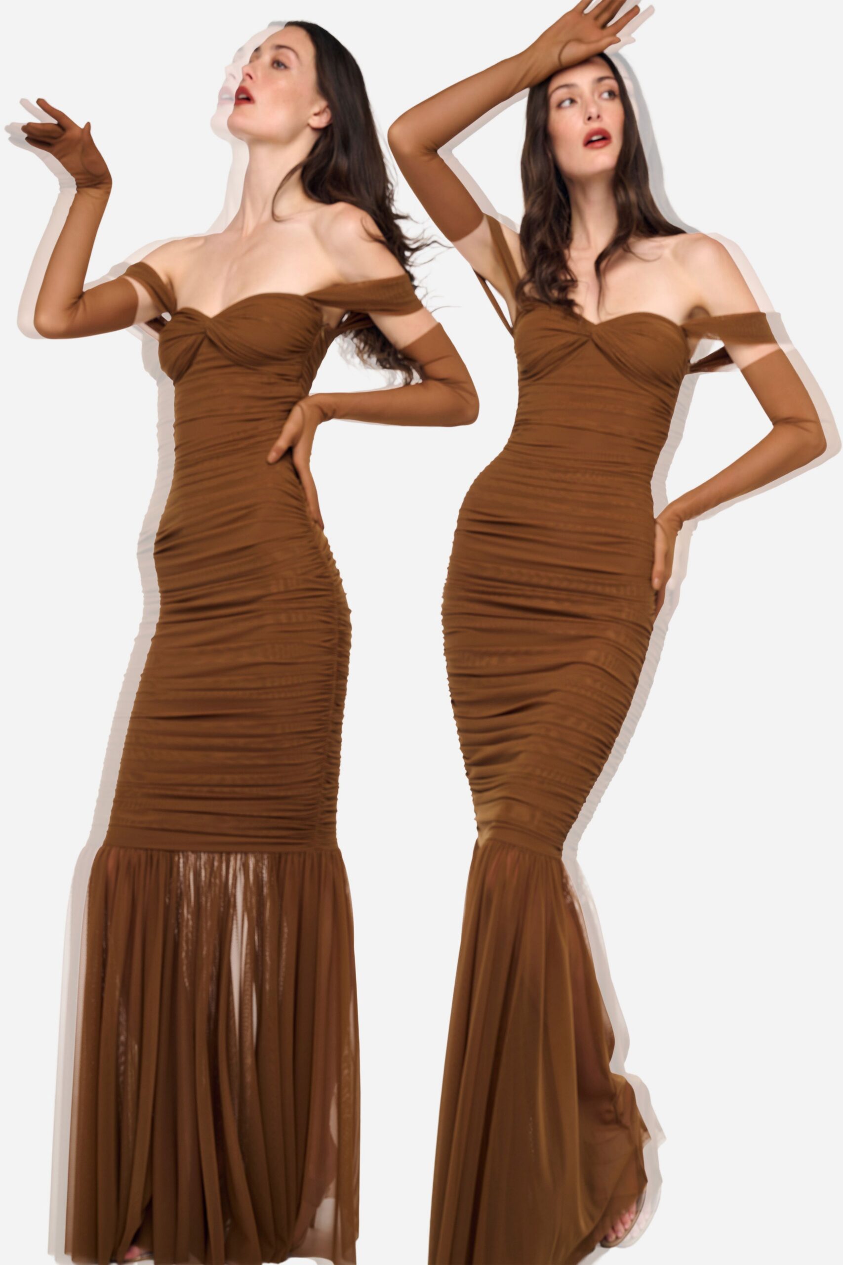 brown silk off-shoulder gown