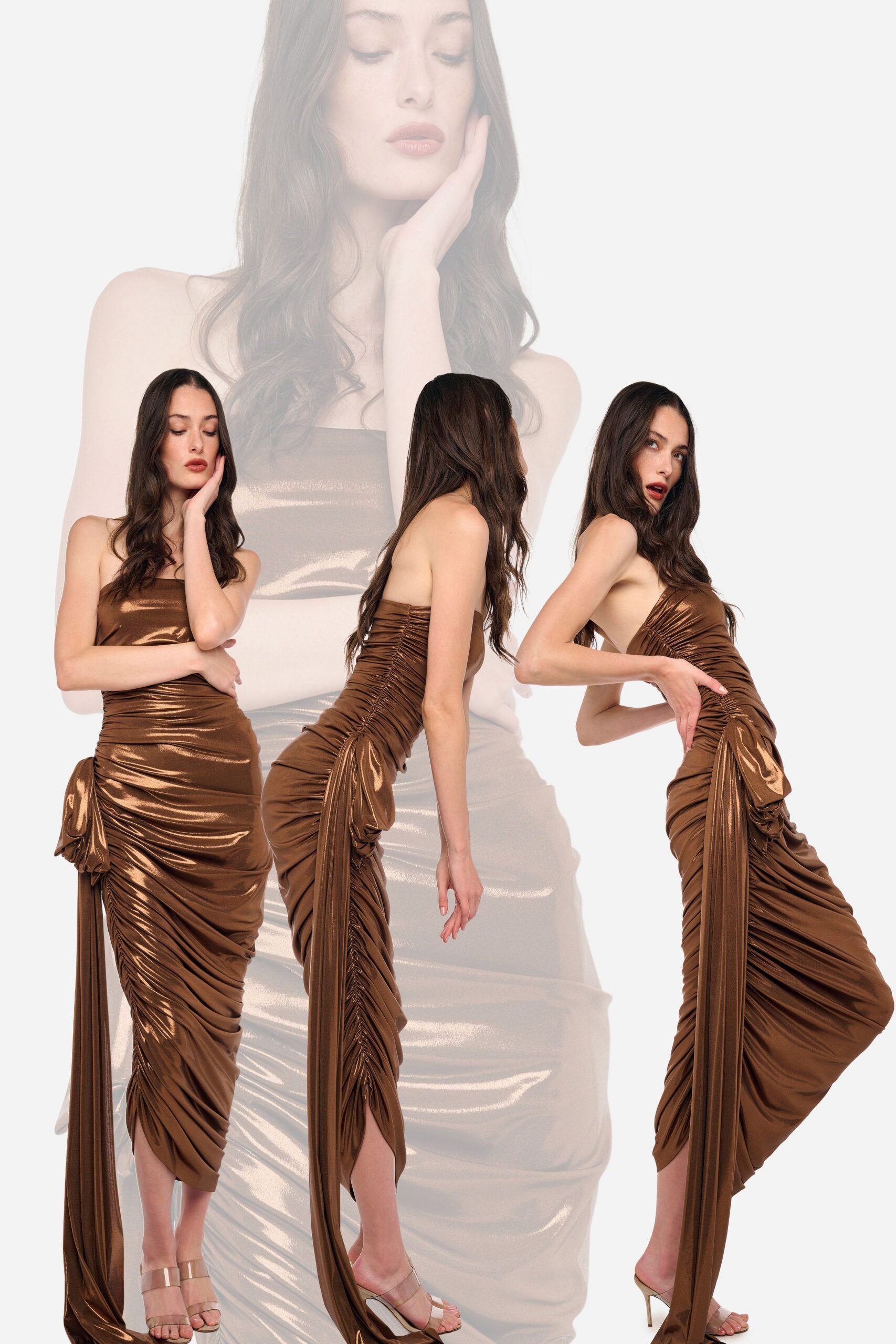 brown satin strapless fitted ruched shiny maxi gown
