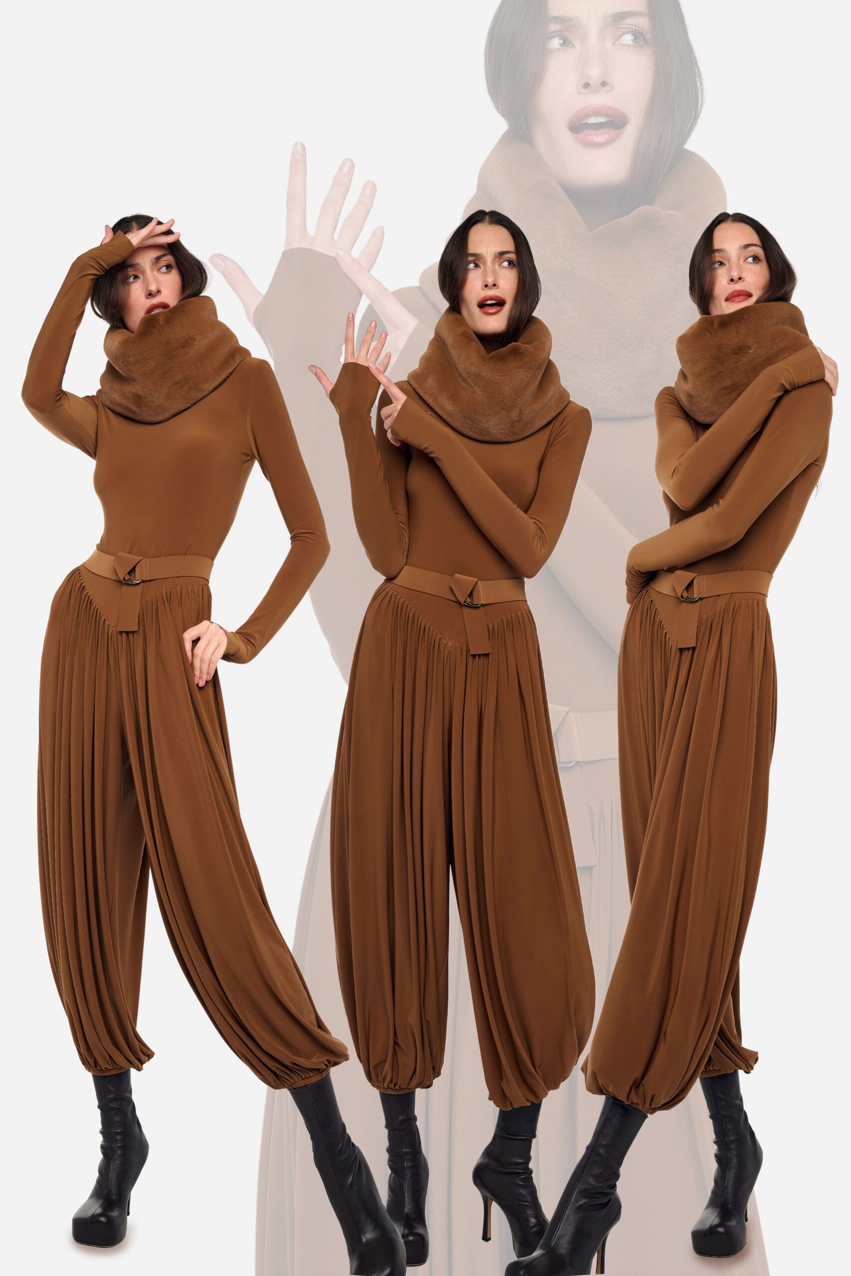 brown cotton relaxed pleated pants
