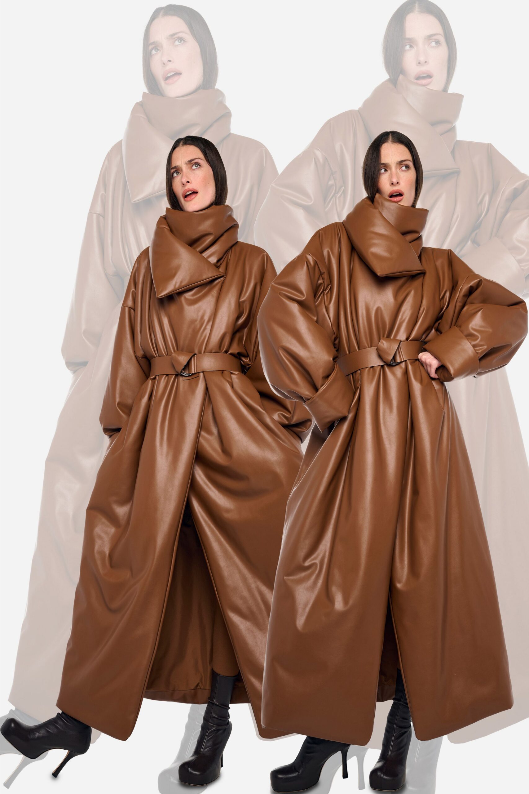 brown leather long-sleeve collared oversized belted maxi coat
