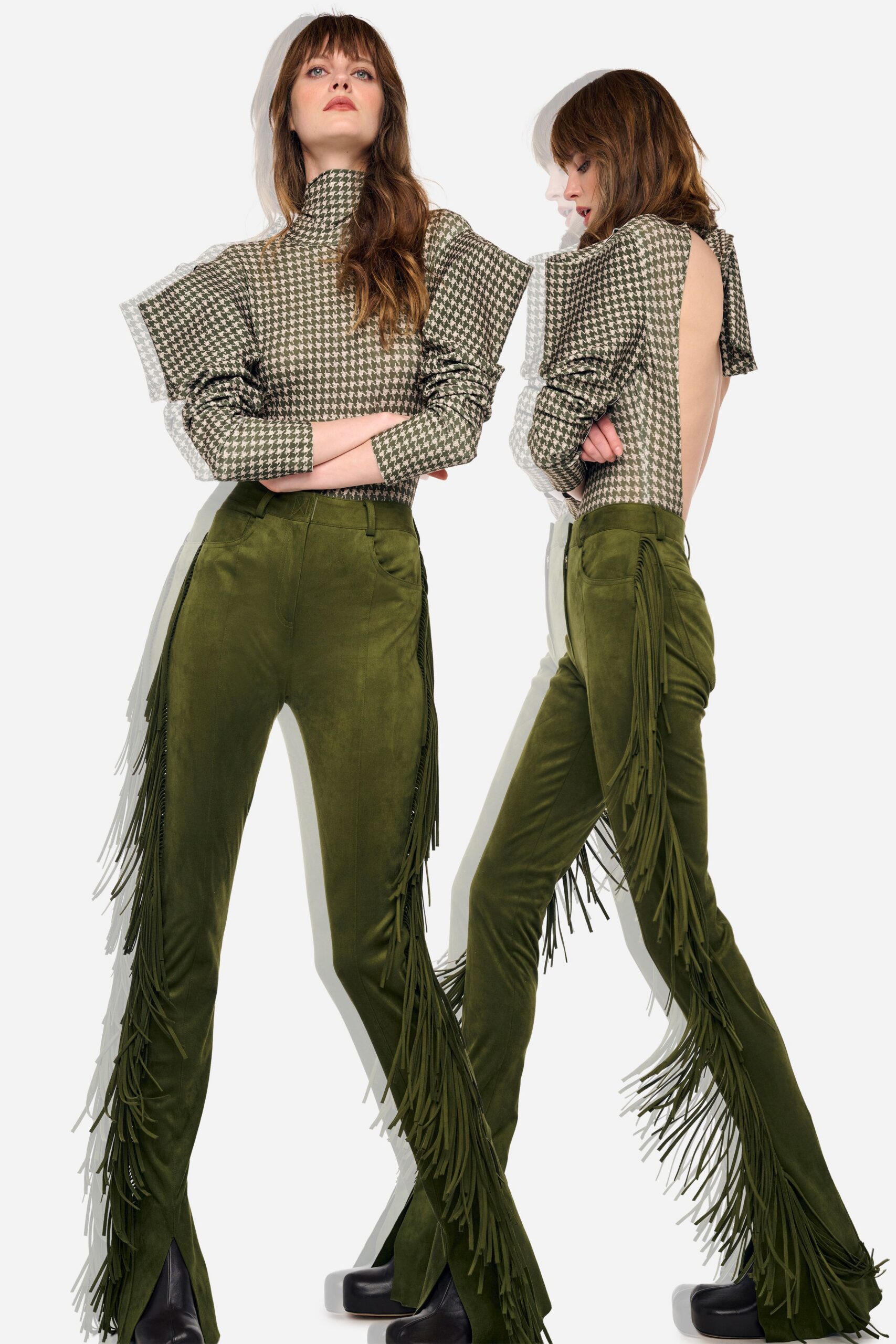 green suede fitted flared fringed pants