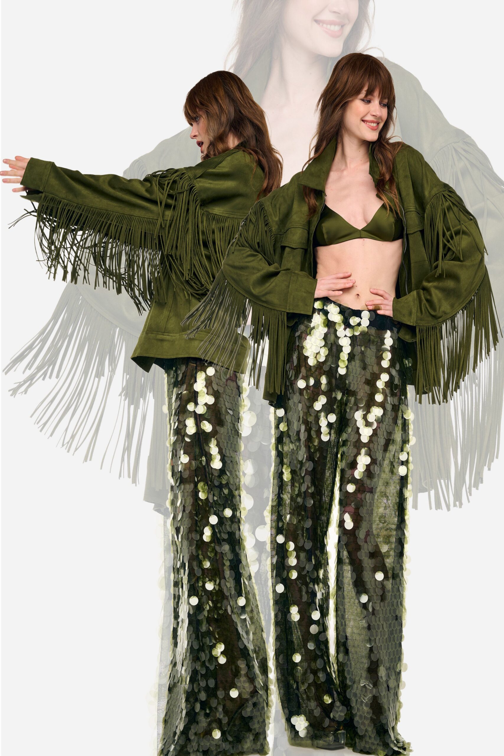 green fitted sequined wide-leg shiny pants