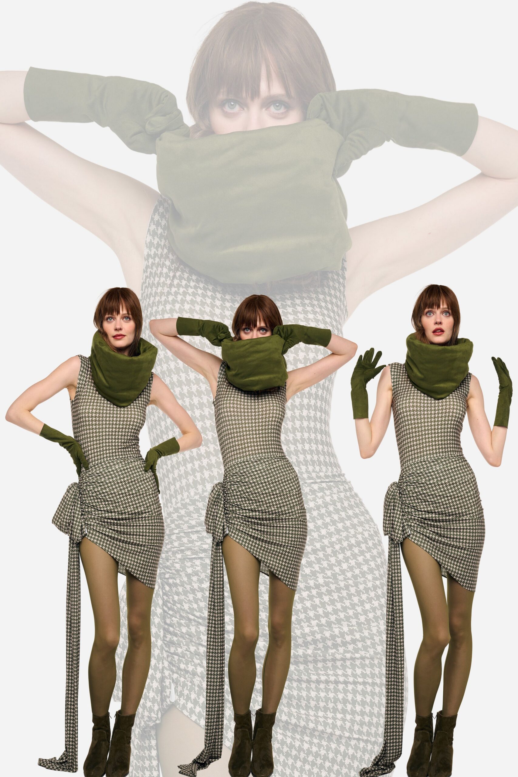 green cotton sleeveless high-neck fitted ruched mini dress