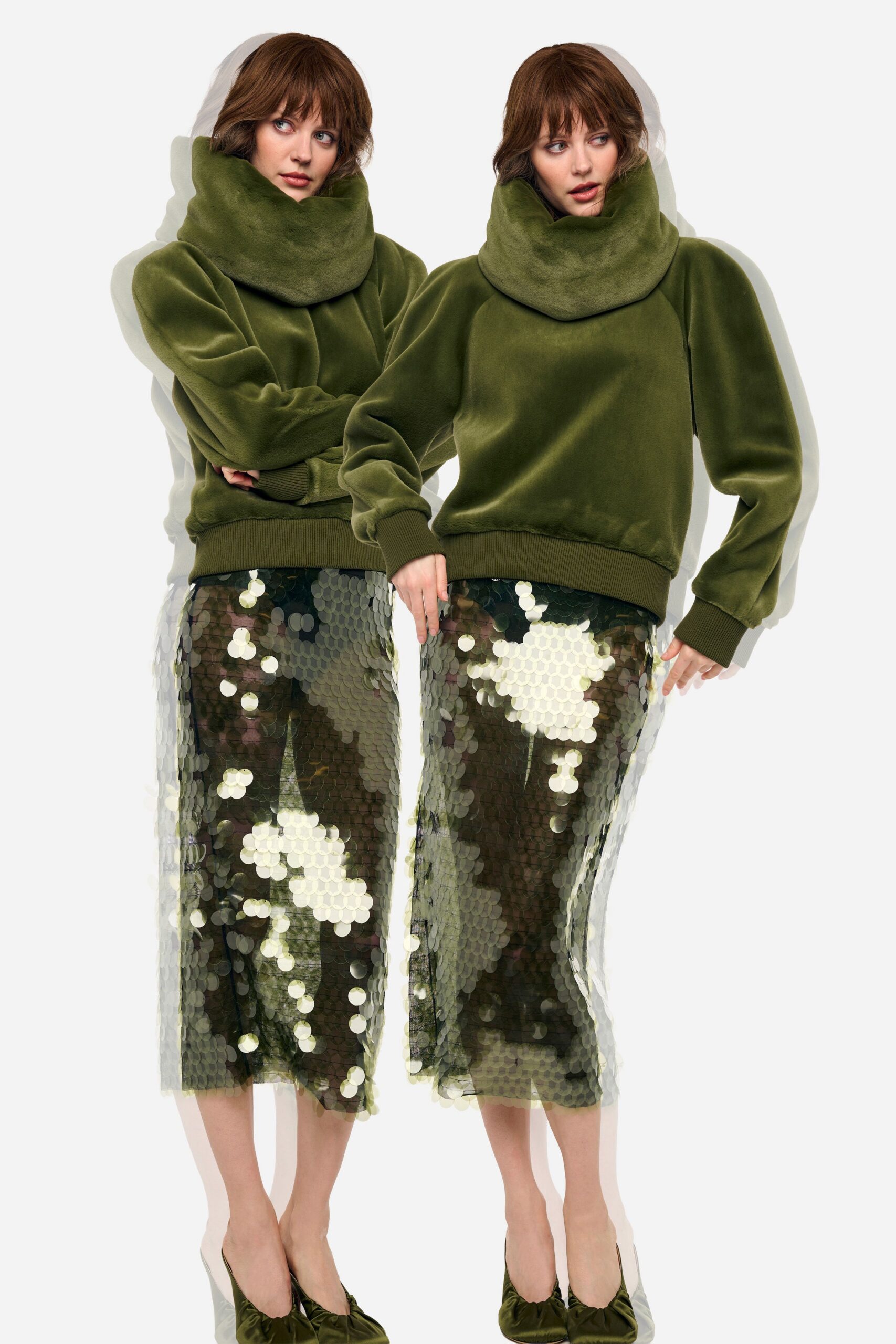 green fitted sequined pencil shiny midi skirt