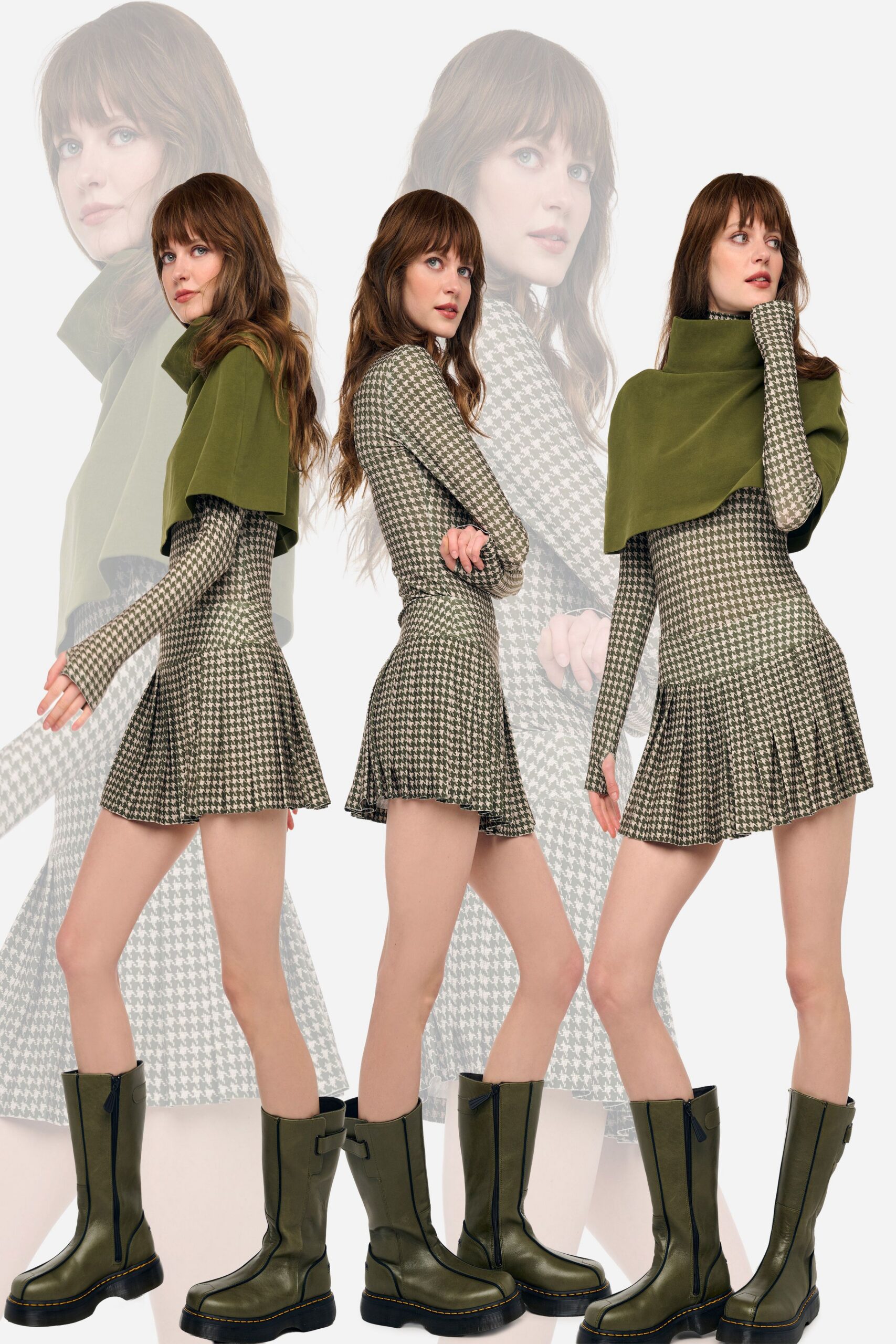 green cotton long-sleeve collared fitted pleated a-line dress