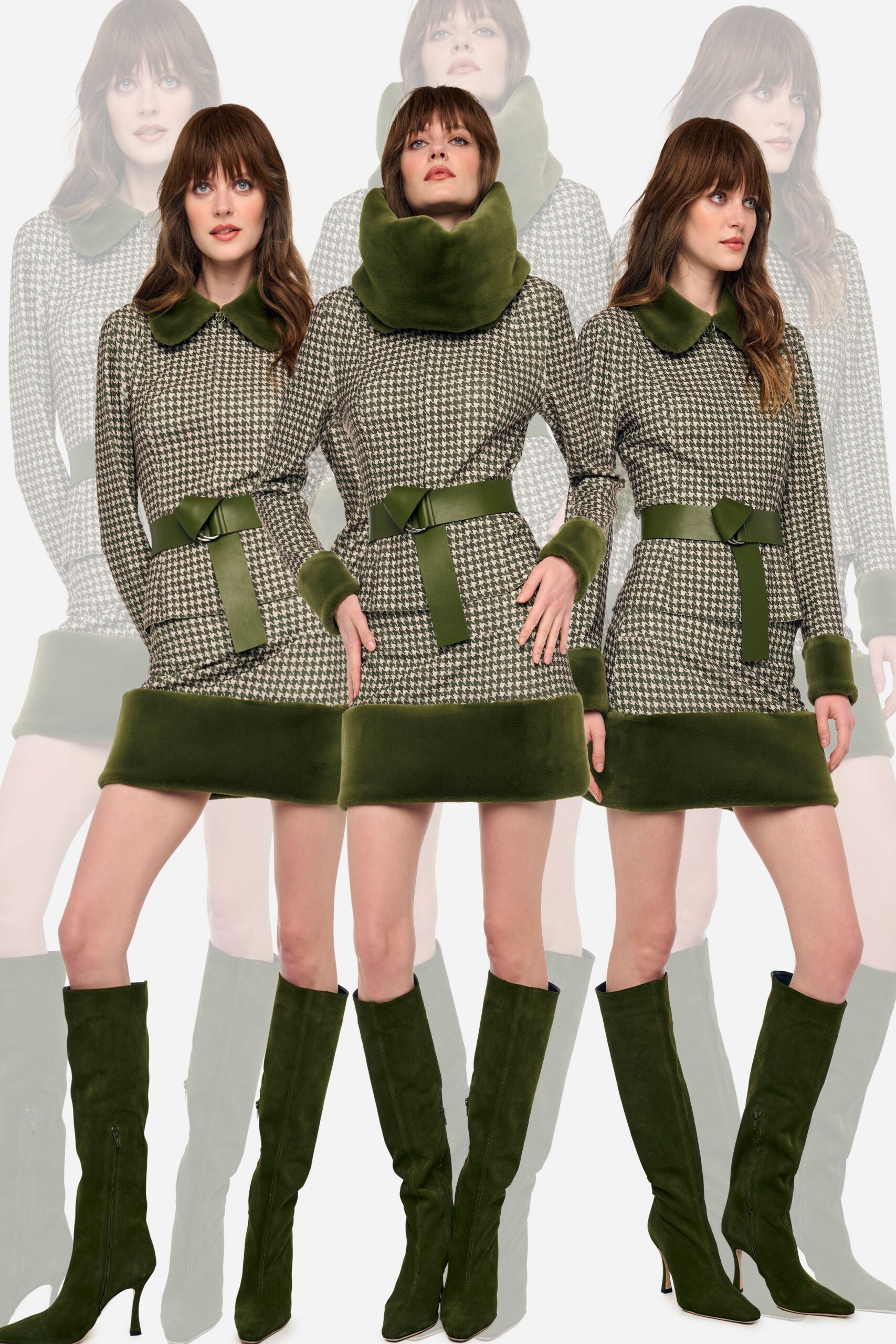 green wool long-sleeve collared fitted checked belted dress
