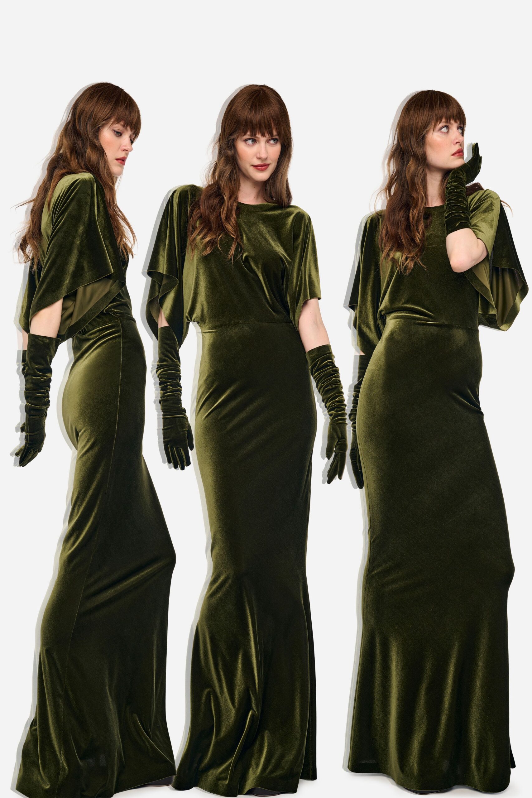 green velvet long-sleeve high-neck fitted draped maxi gown