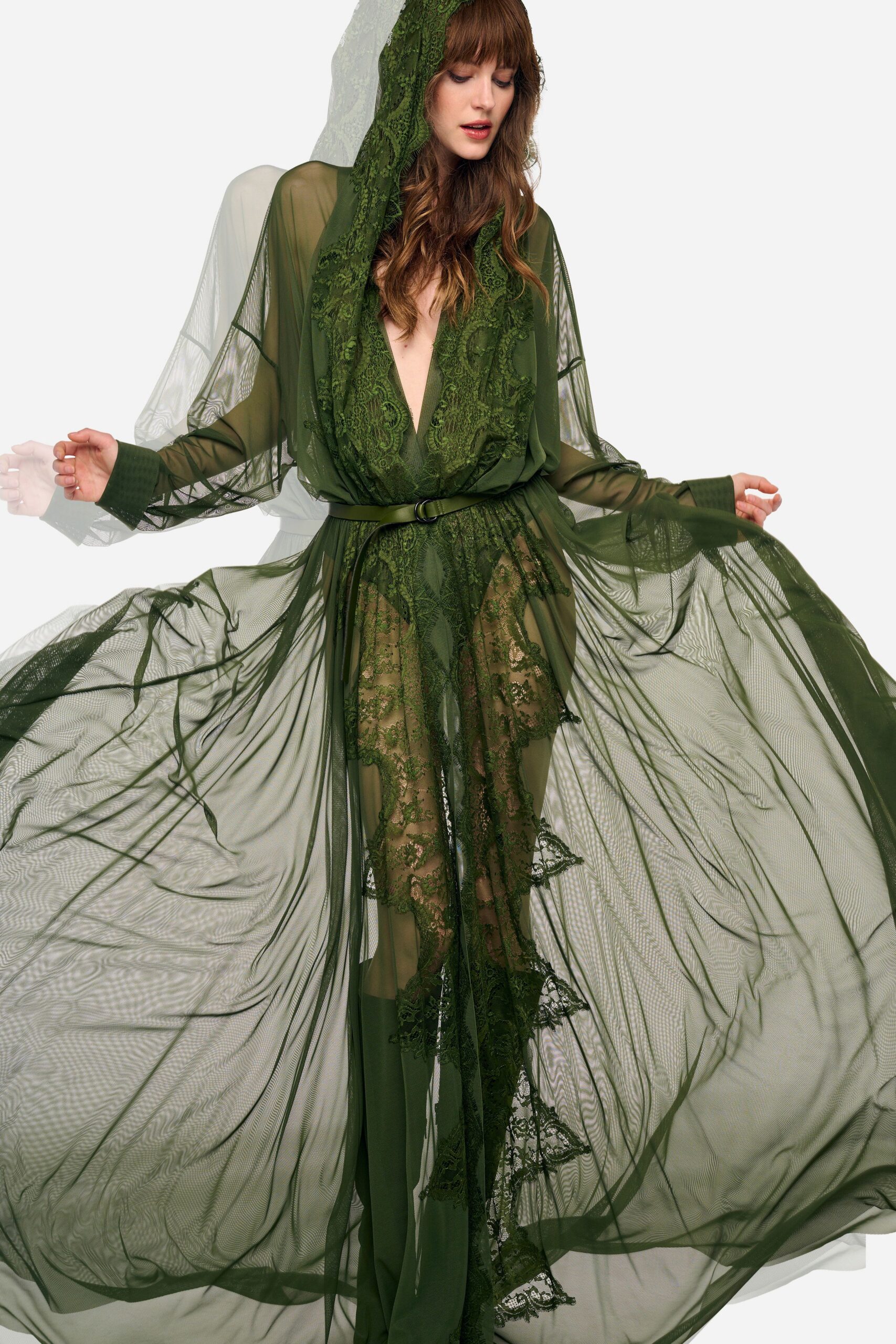 green chiffon layered gown