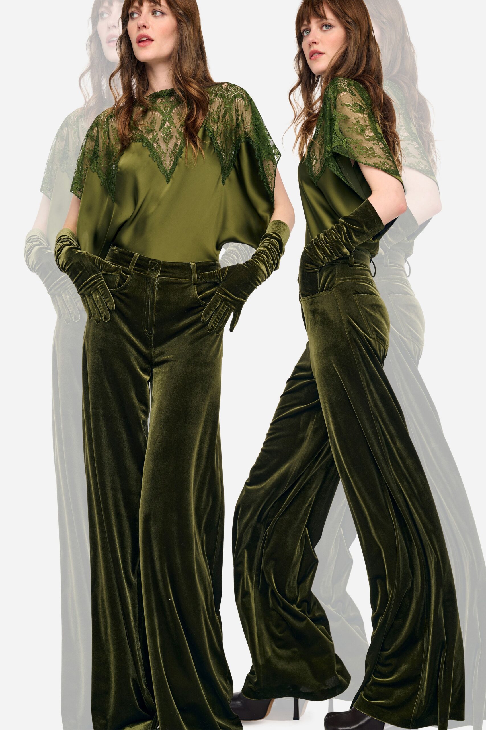 green silk short-sleeve high-neck relaxed top