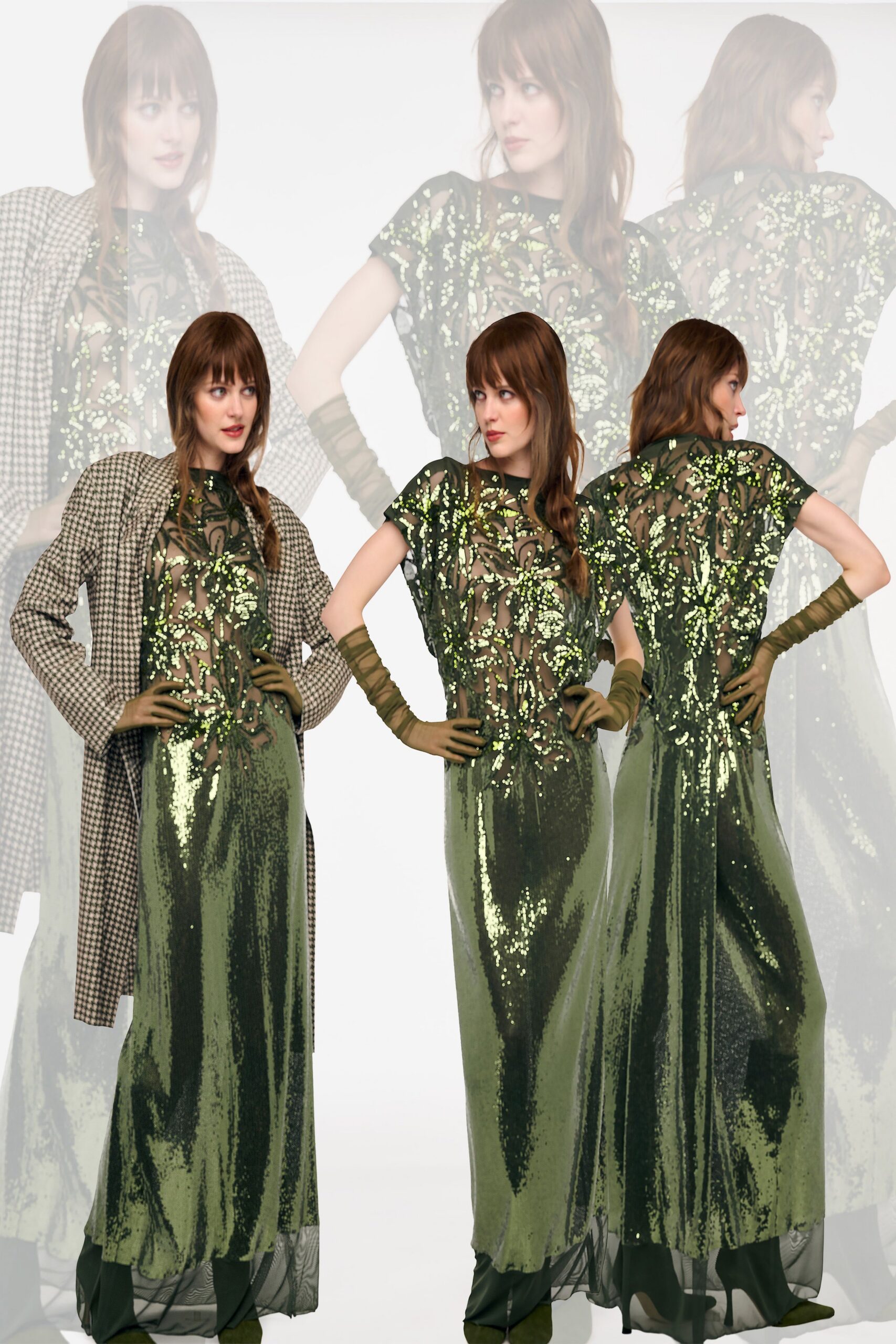 green sequin sleeveless high-neck fitted embellished layered gown