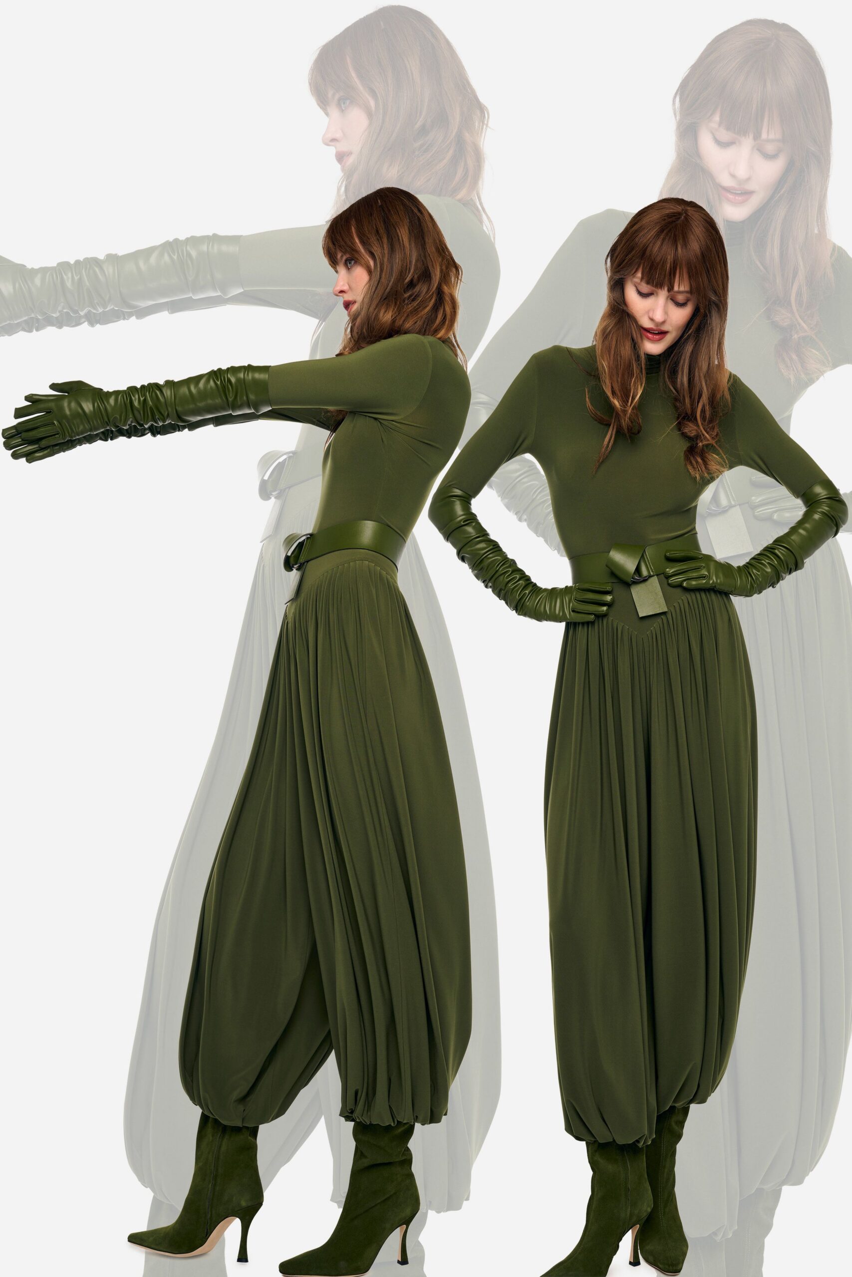 green cotton long-sleeve high-neck fitted pleated jumpsuit