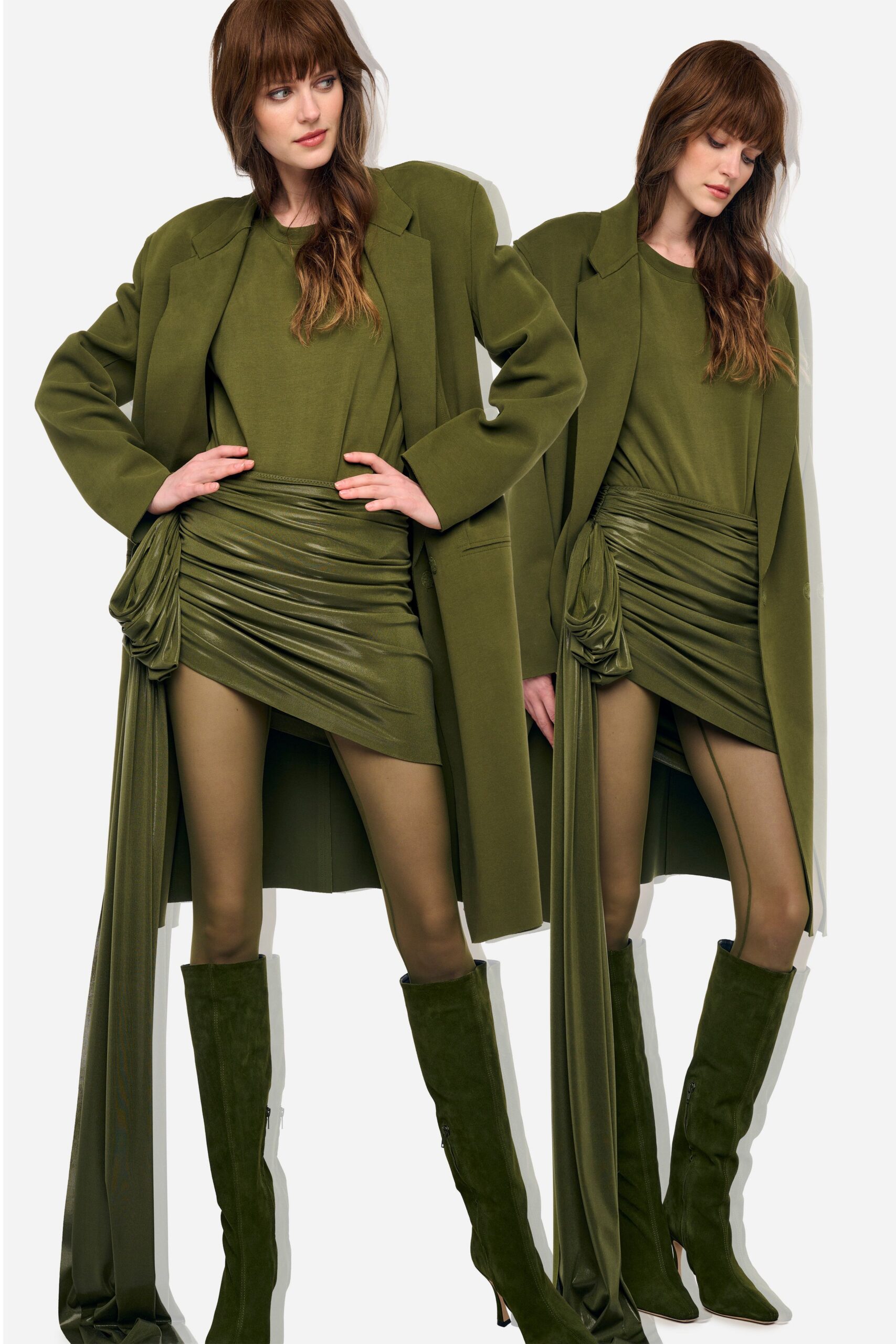 green leather fitted pleated skirt