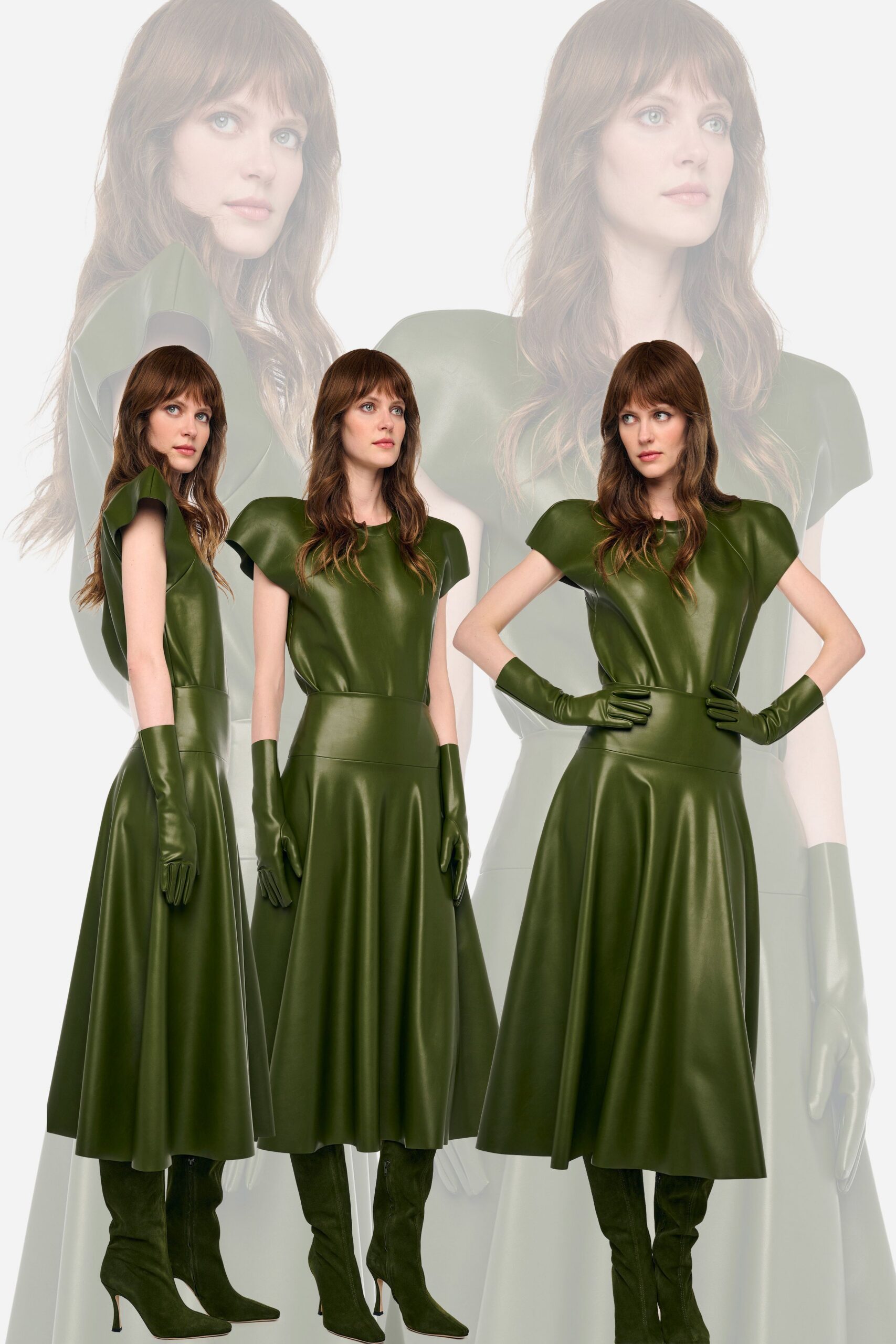 green leather short-sleeve v-neck fitted flared midi dress