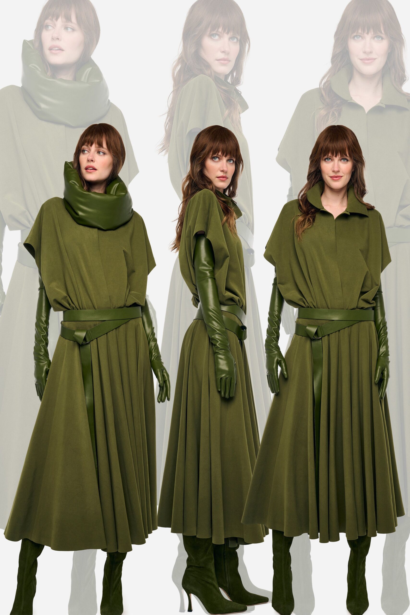 green cotton short-sleeve collared relaxed pleated belted dress