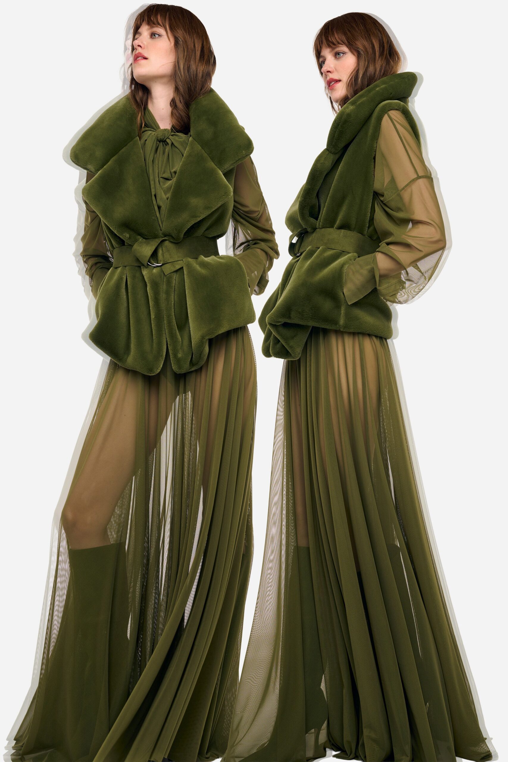 green faux-fur long-sleeve v-neck fitted layered pleated dress