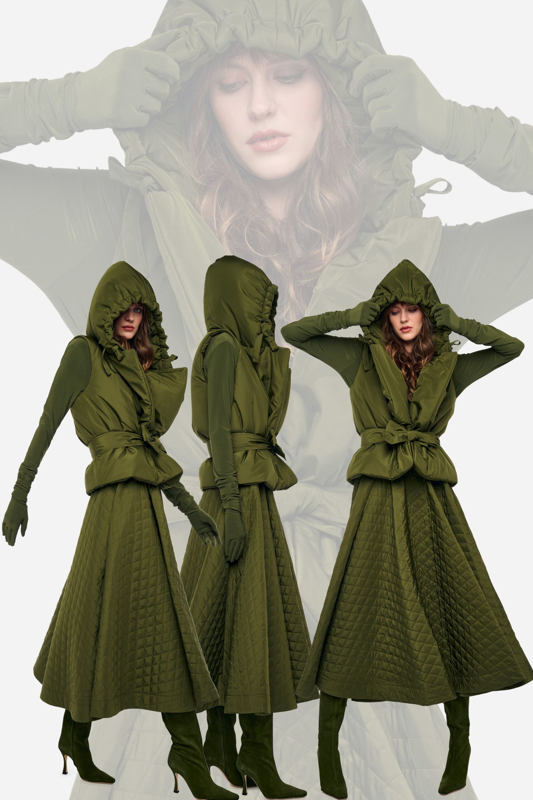 green cotton sleeveless hooded fitted quilted belted dress